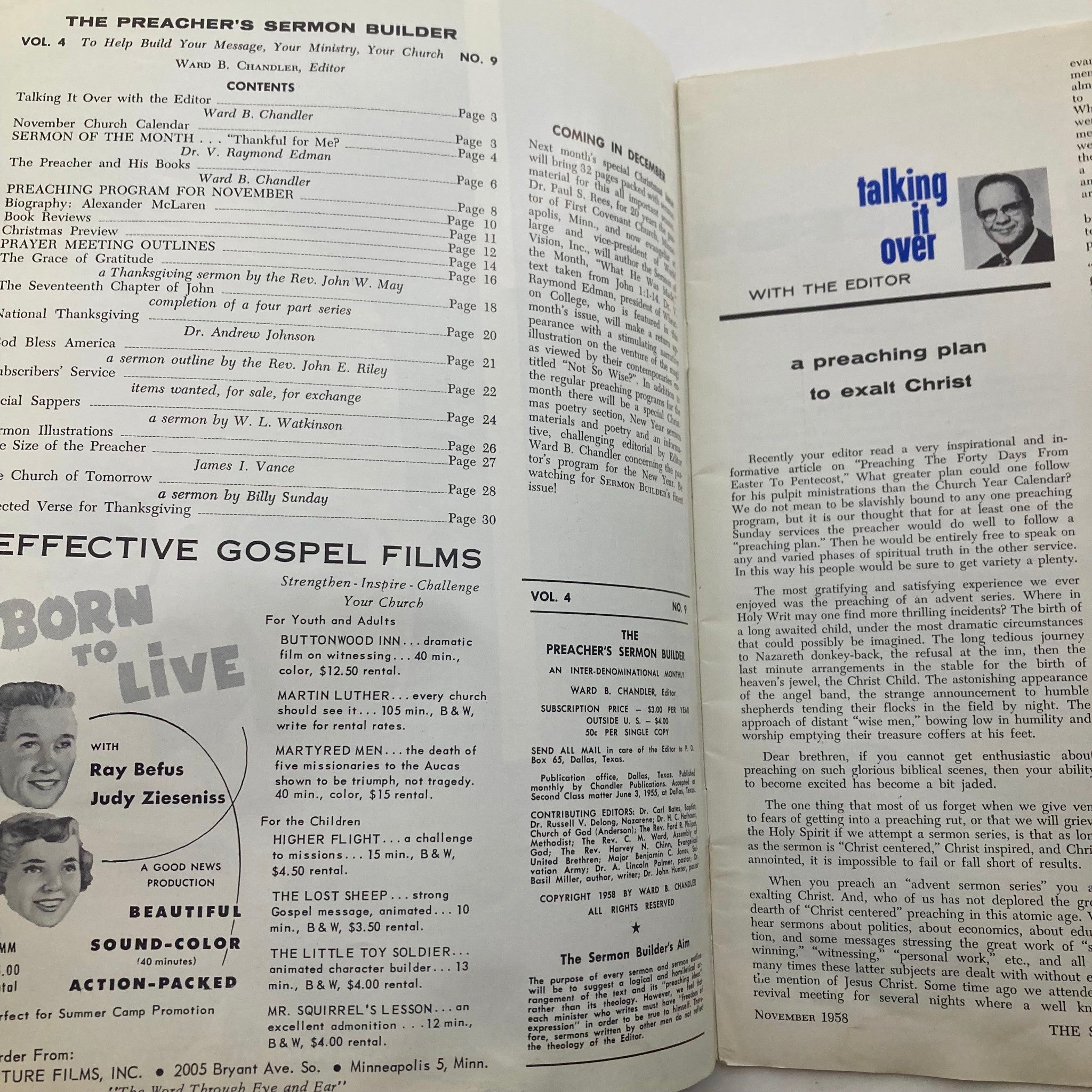 VTG Preacher's Sermon Builder Magazine November 1958 Dr. V Raymond Edman