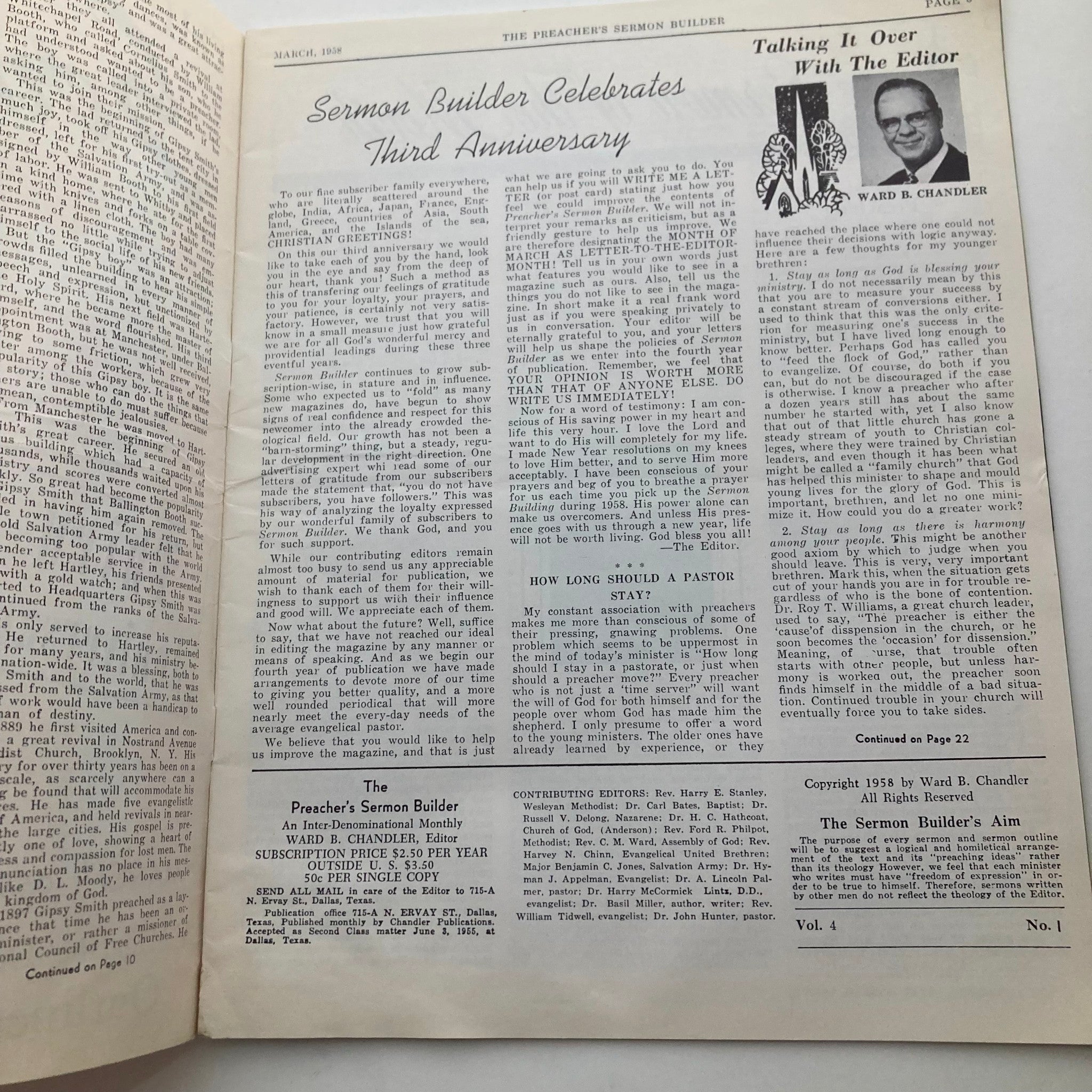 Interior page of the VTG Preacher's Sermon Builder Magazine March 1958, highlighting the anniversary celebration with contributions from Ward B. Chandler, along with discussions on pastor duties.