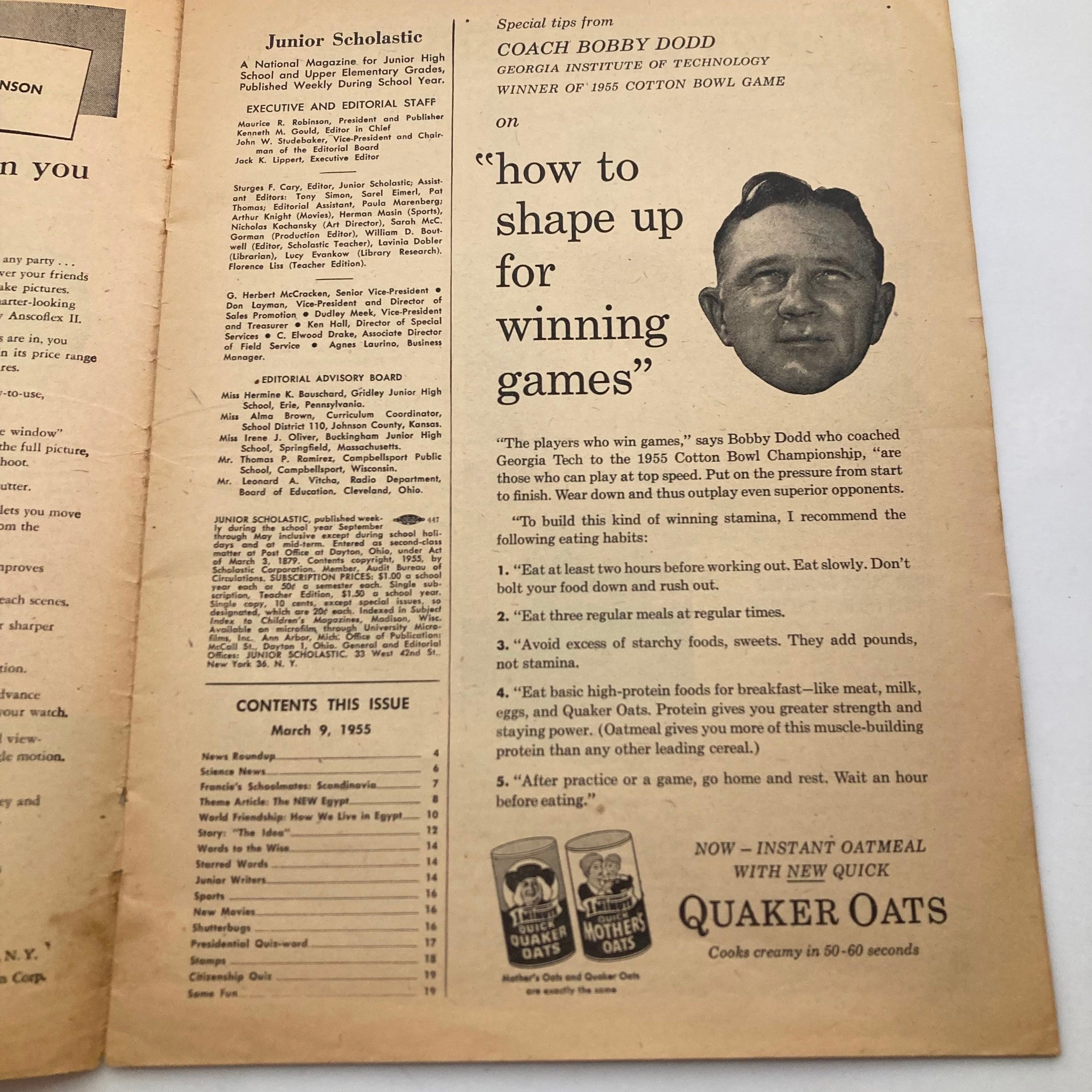 Interior page of the Junior Scholastic Magazine March 9, 1955, featuring an article by Coach Bobby Dodd on how to shape up for winning games, including fitness advice.