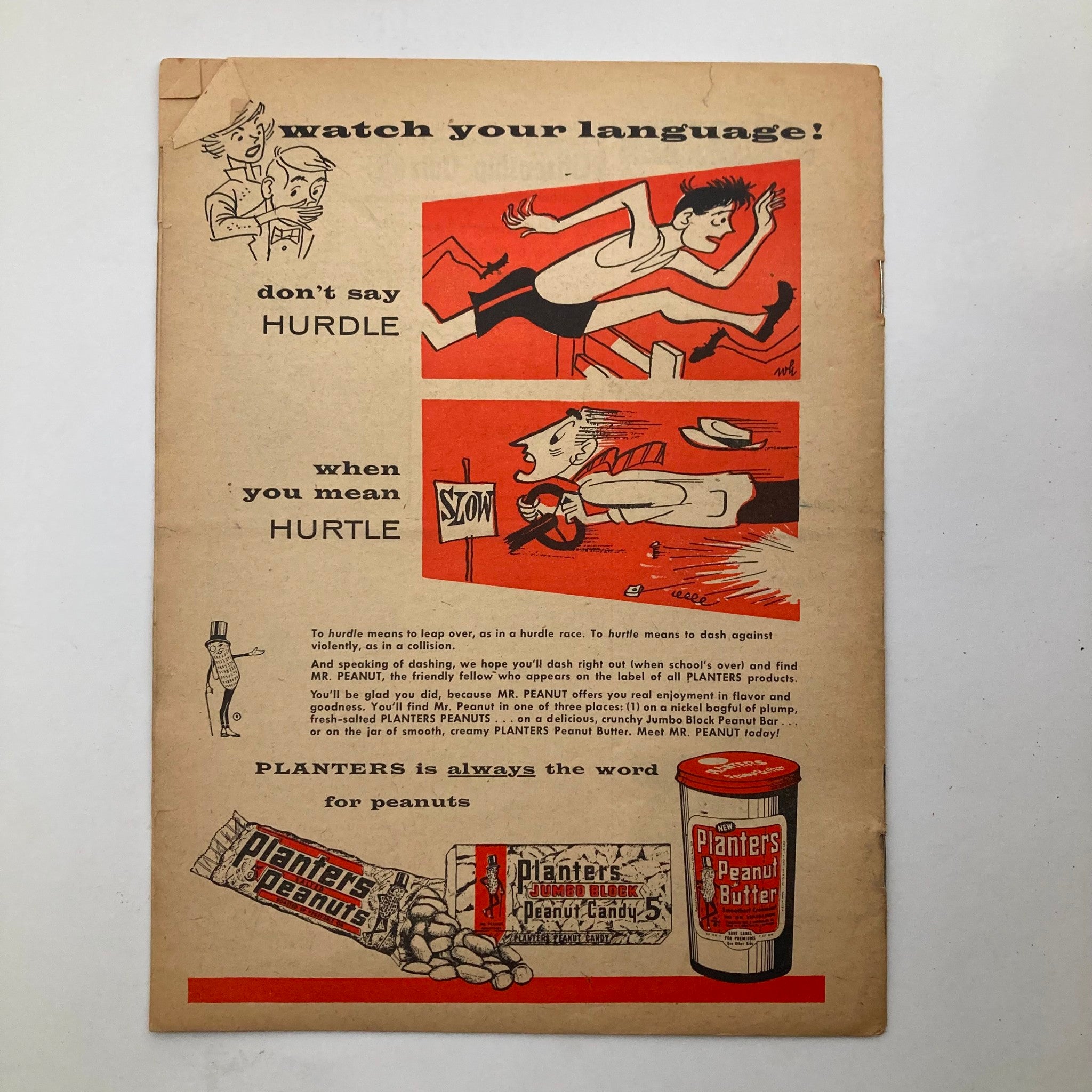 Back cover of the Junior Scholastic Magazine March 9, 1955, with a humorous illustration advising on language use, featuring Planters Peanuts advertising.