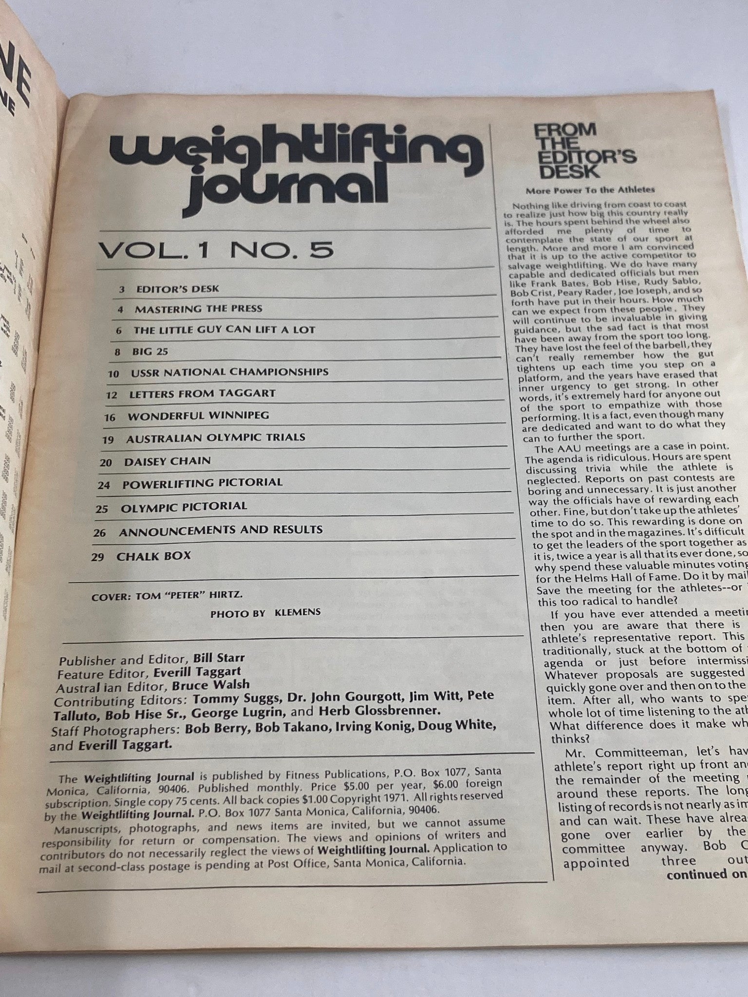 VTG Weightlifting Journal June 1972 Vol 1 #5 Tom 'Peter' Hirtz No Label