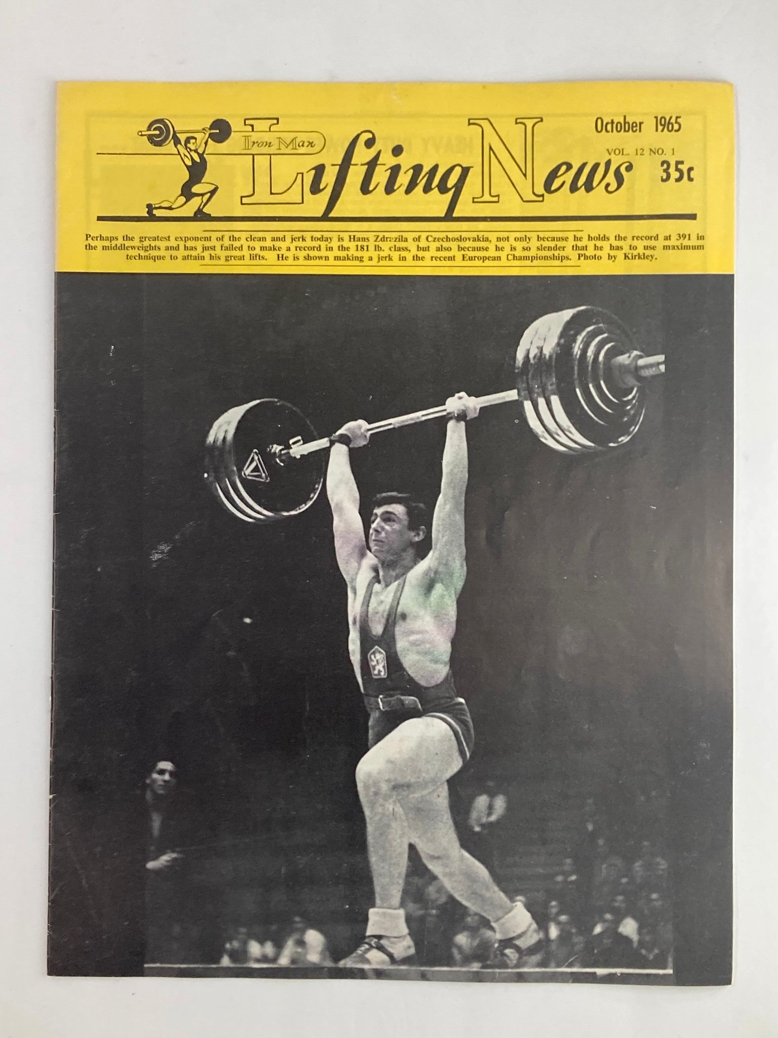 Cover of Iron Man Lifting News Vol 12 #1, October 1965, featuring a male weightlifter lifting heavy weights, highlighting vintage bodybuilding culture.