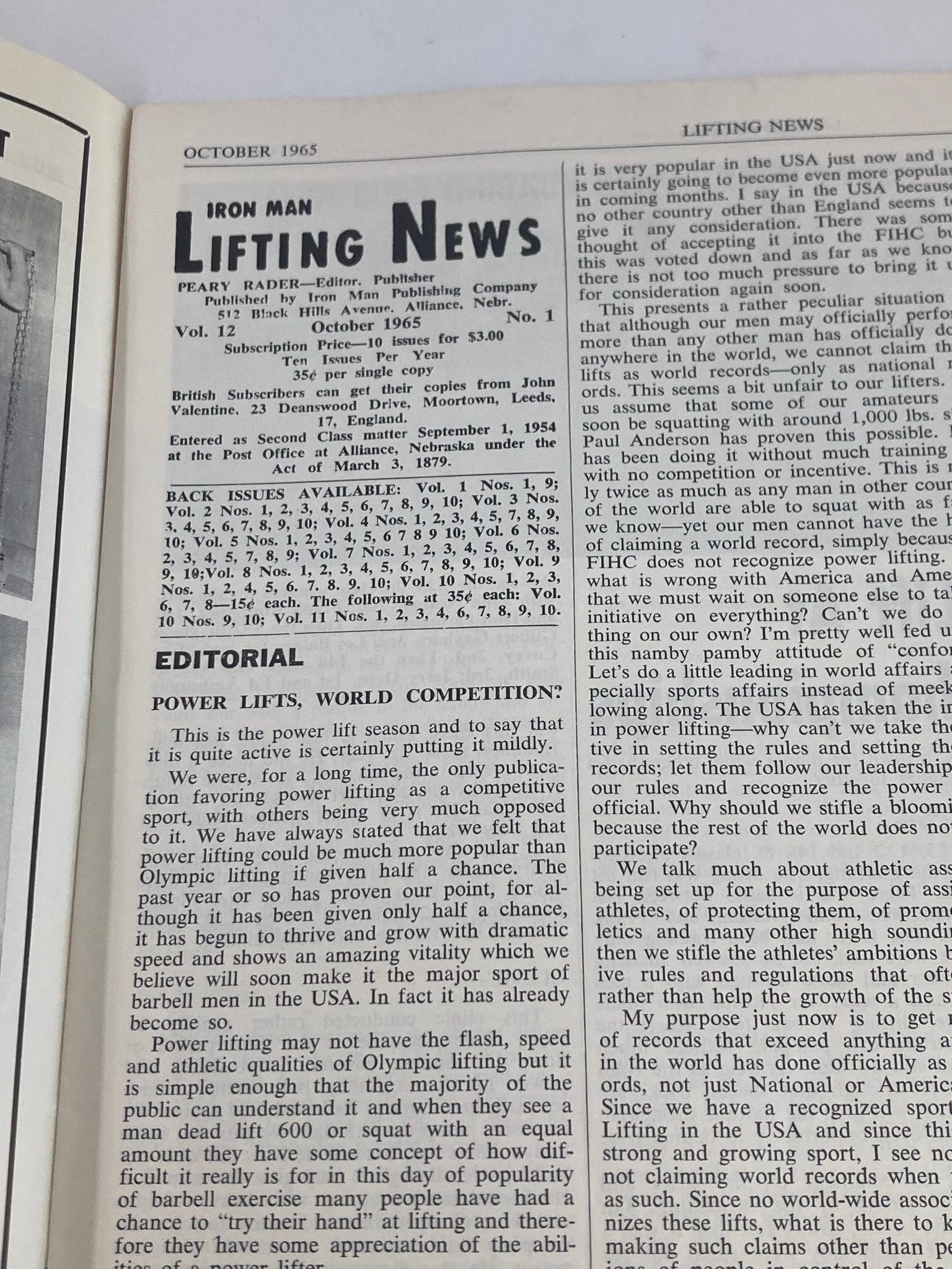 Inside editorial page of Iron Man Lifting News Vol 12 #1, October 1965, discussing powerlifting and competitive lifting, reflecting historical fitness insights.