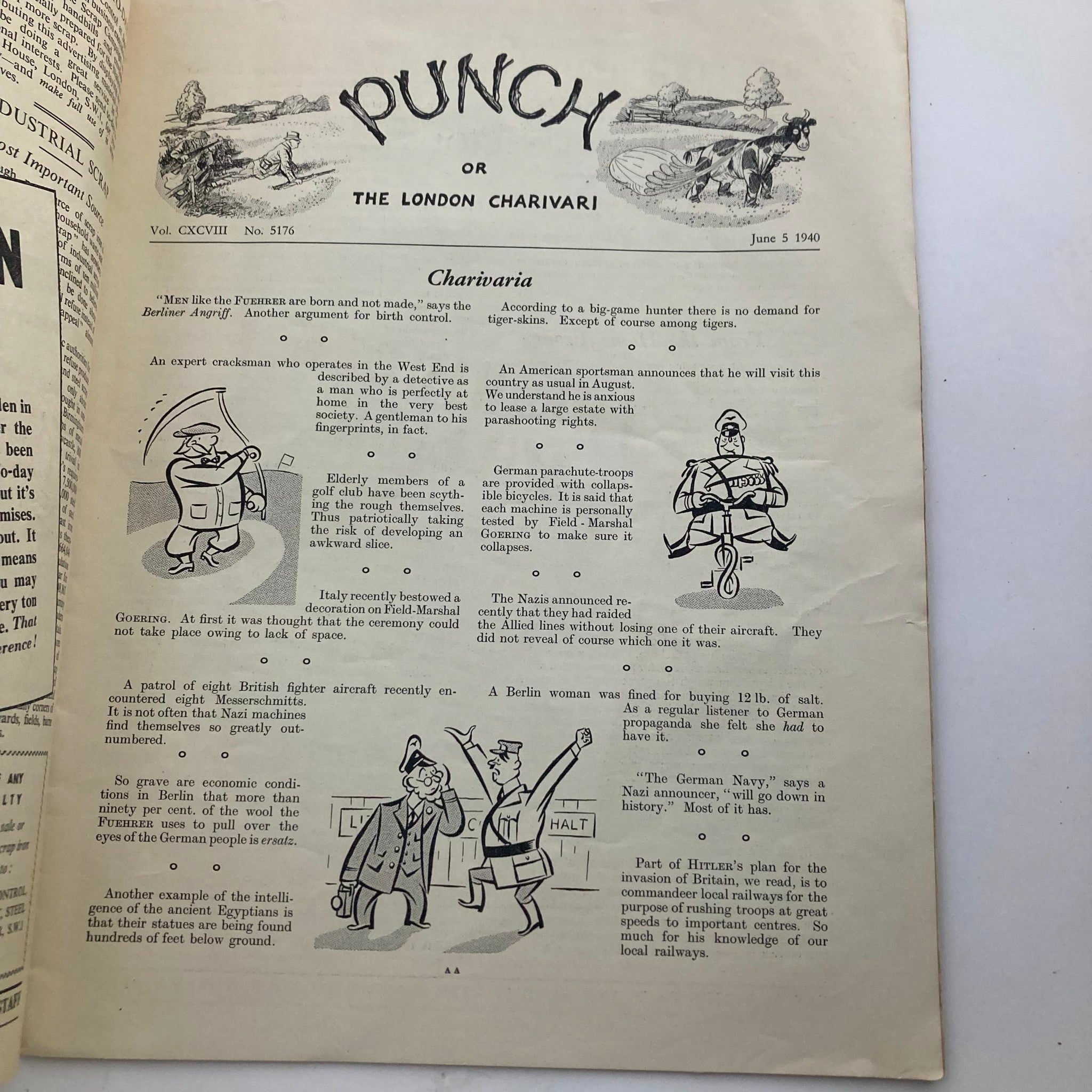 Punch Magazine June 5 1940 Vol 198 No. 5176 WWII Cartoon & Humour No Label