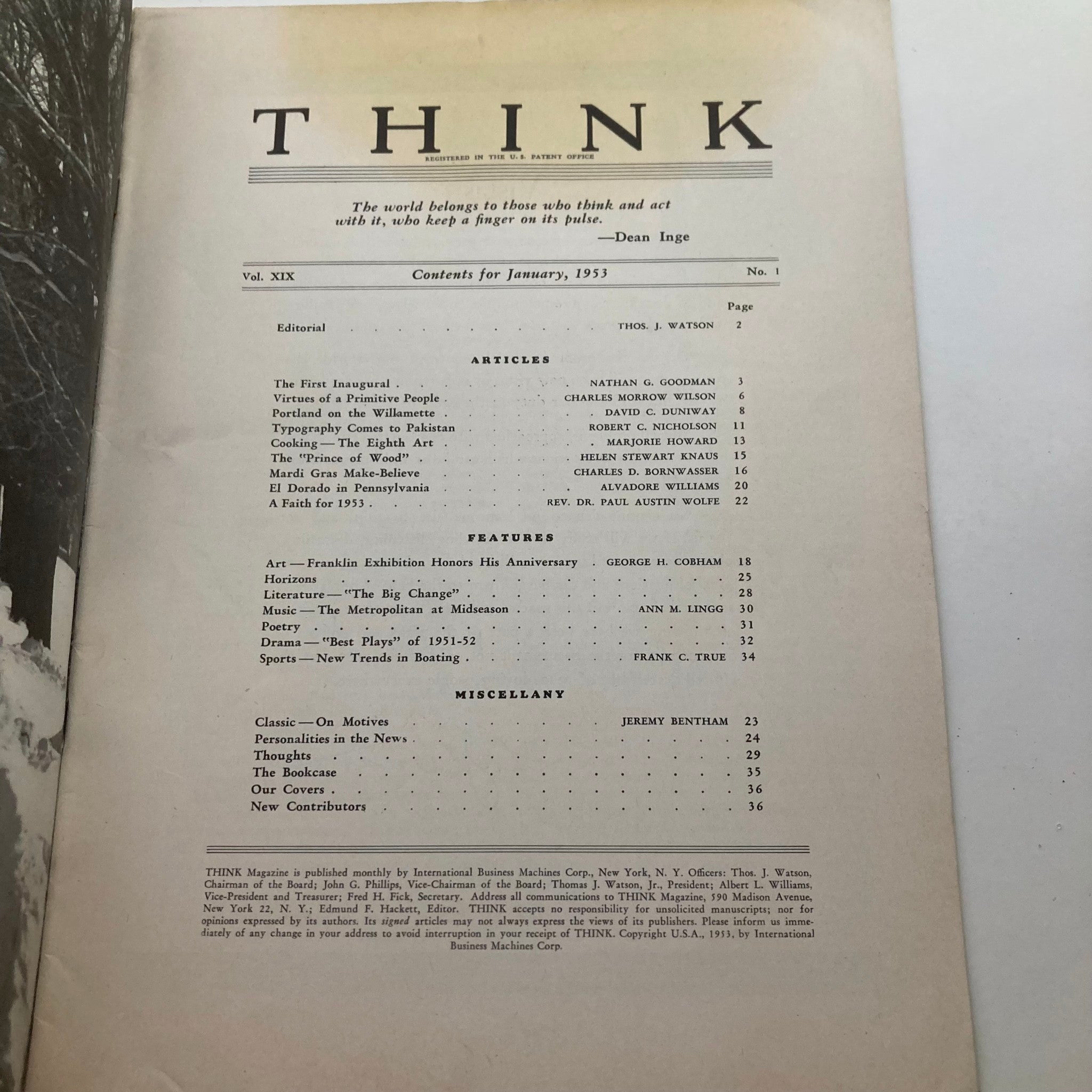 VTG Think Magazine January 1953 Vol 19 No. 1 The First Inaugural No Label