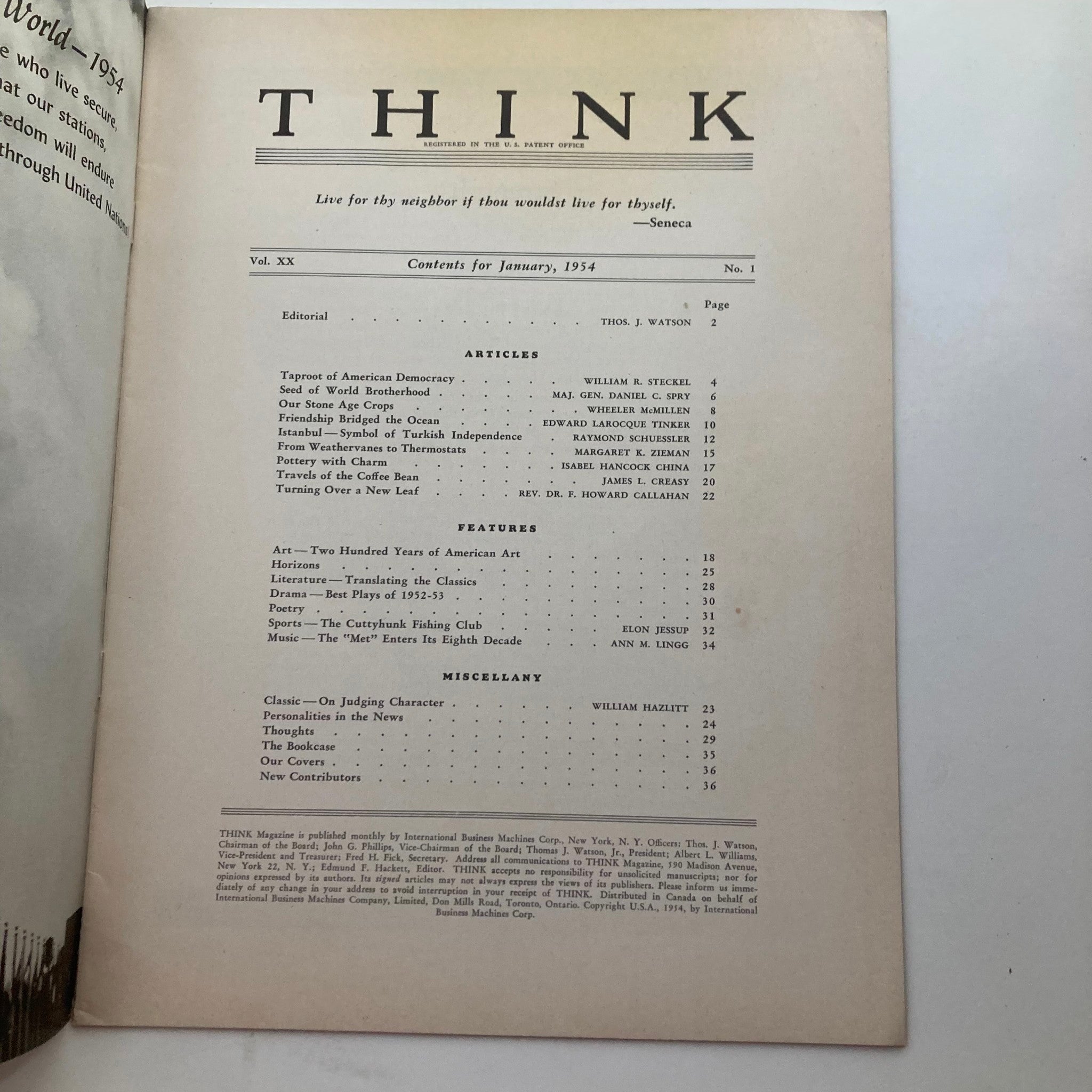 VTG Think Magazine January 1954 Vol 20 No. 1 Our Stone Age Crops No Label