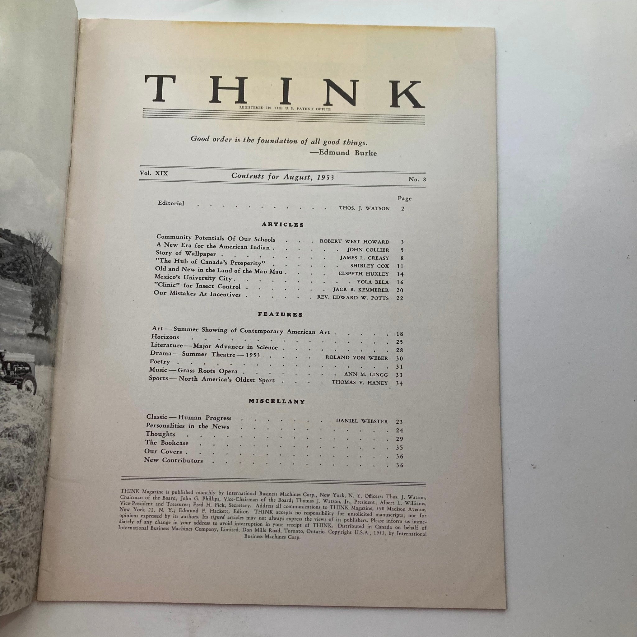 VTG Think Magazine August 1953 Vol 19 No. 8 Mexico's University City No Label