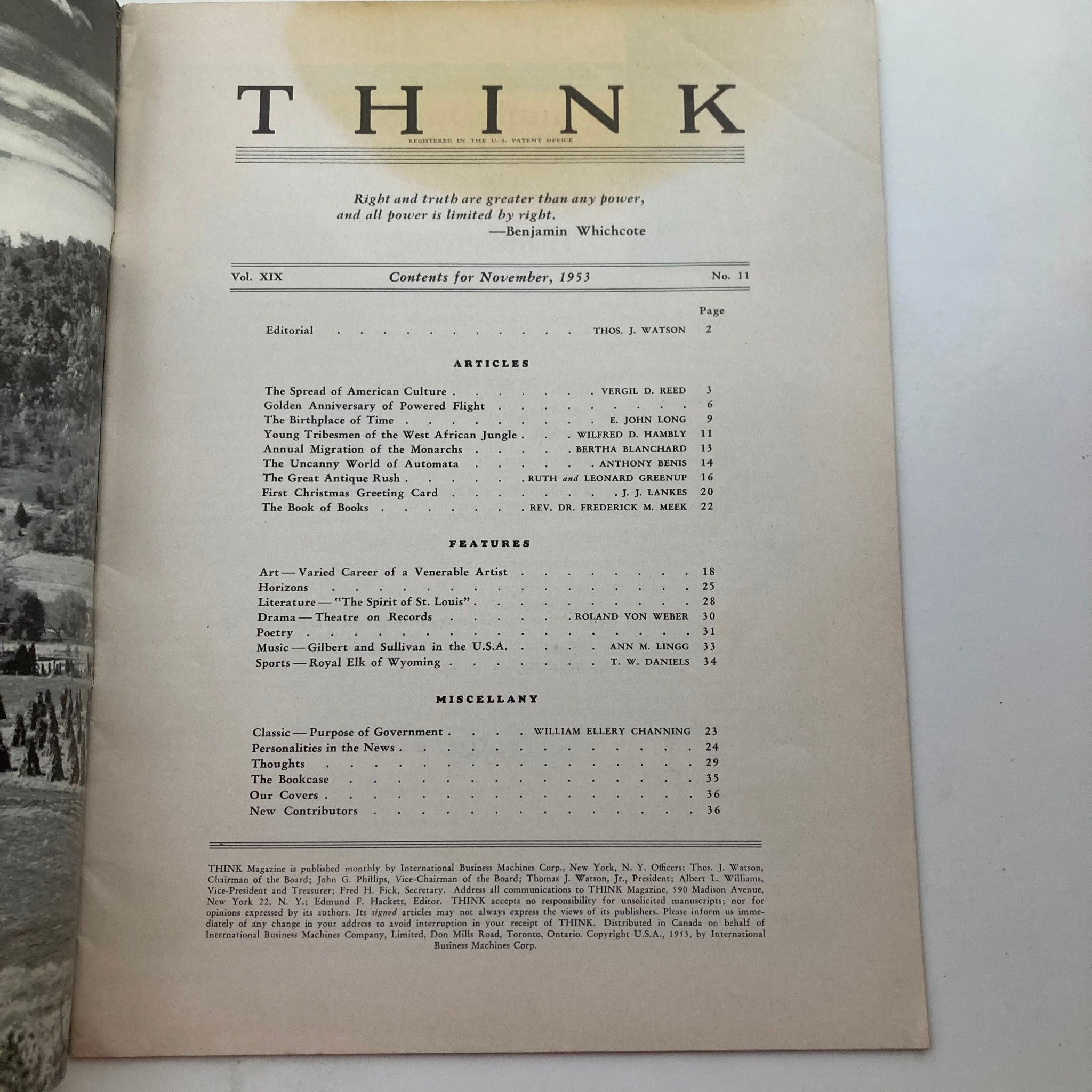 VTG Think Magazine November 1953 Vol 19 No. 11 The Birthplace of Time No Label