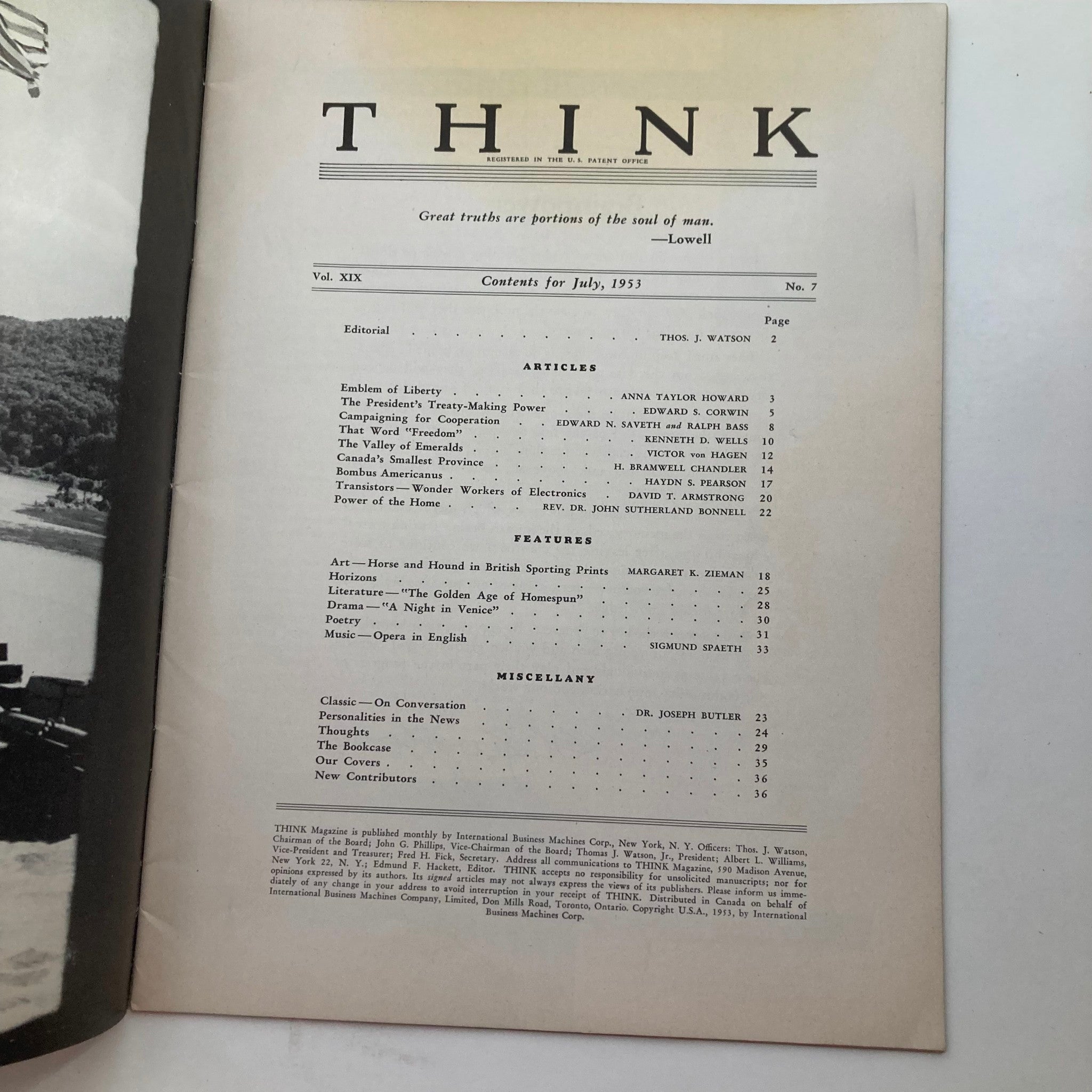 VTG Think Magazine July 1953 Vol 19 No. 7 Emblem of Liberty No Label