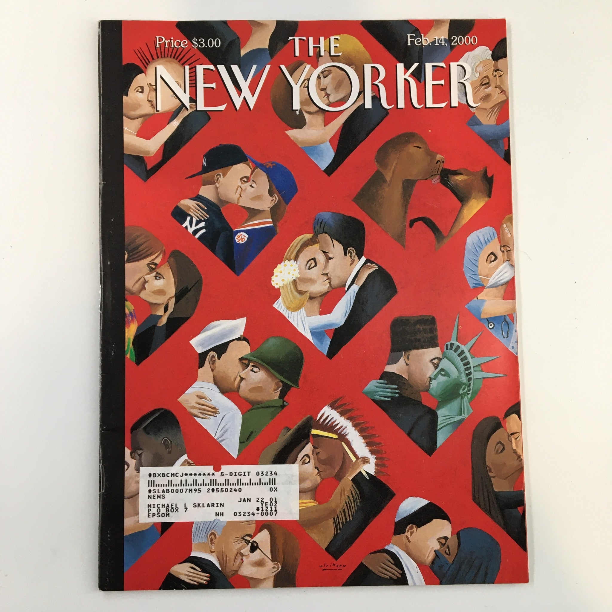 The New Yorker Full Magazine February 14, 2000 cover featuring a Valentine's theme illustration by Mark Ulriksen, showcasing couples in various emotional embraces against a colorful background.