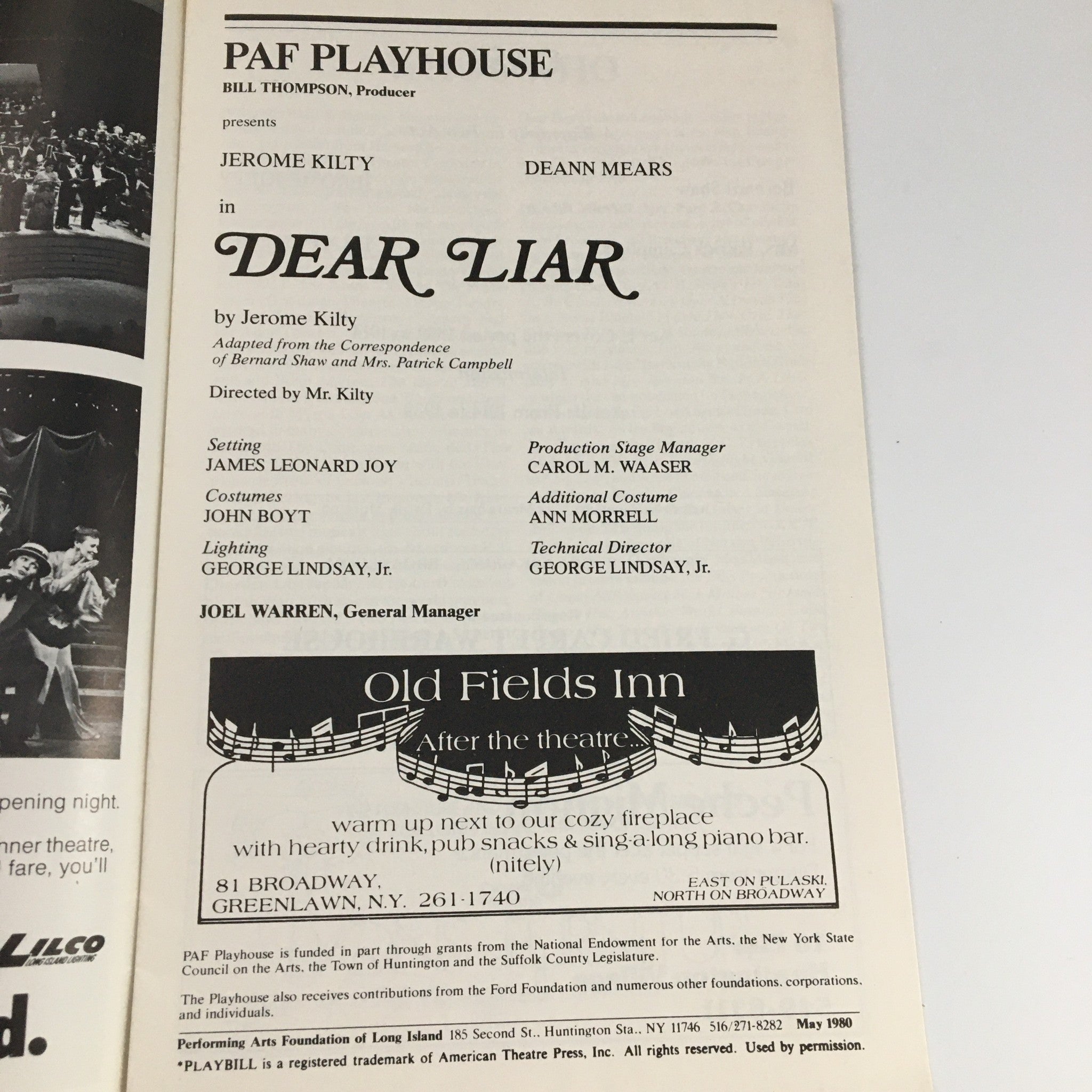 1980 Playbill PAF Playhouse 'Dear Liar' Jerome Kilty, Deann Mears