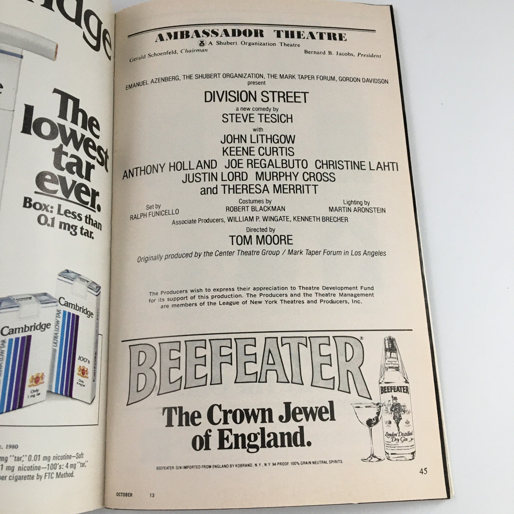 1980 Playbill Ambassador Theatre 'Division Street' John Lithgow, Keene Curtis