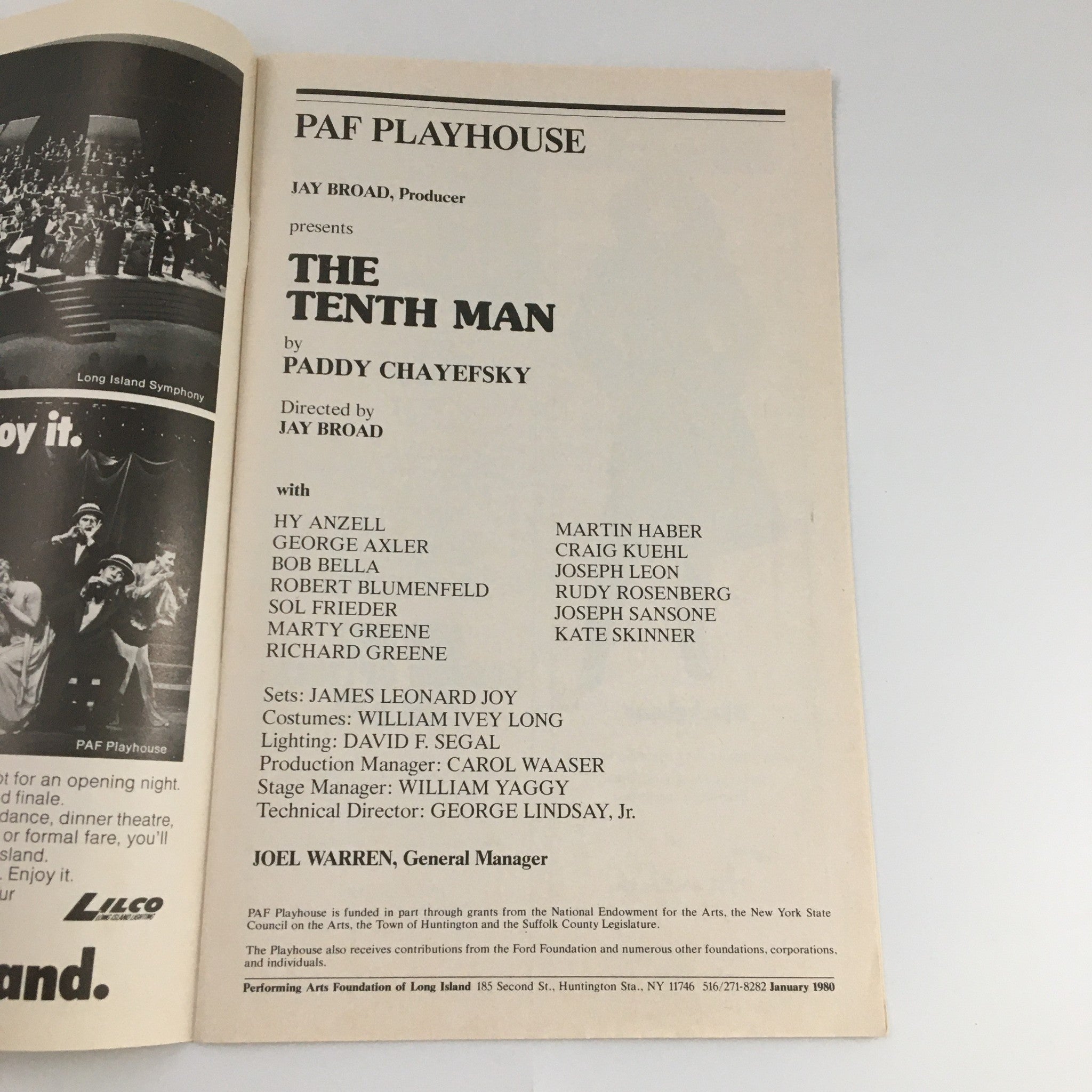 1980 Playbill PAF Playhouse 'The Tenth Man' Hy Anzell, George Axler, Bob Bella