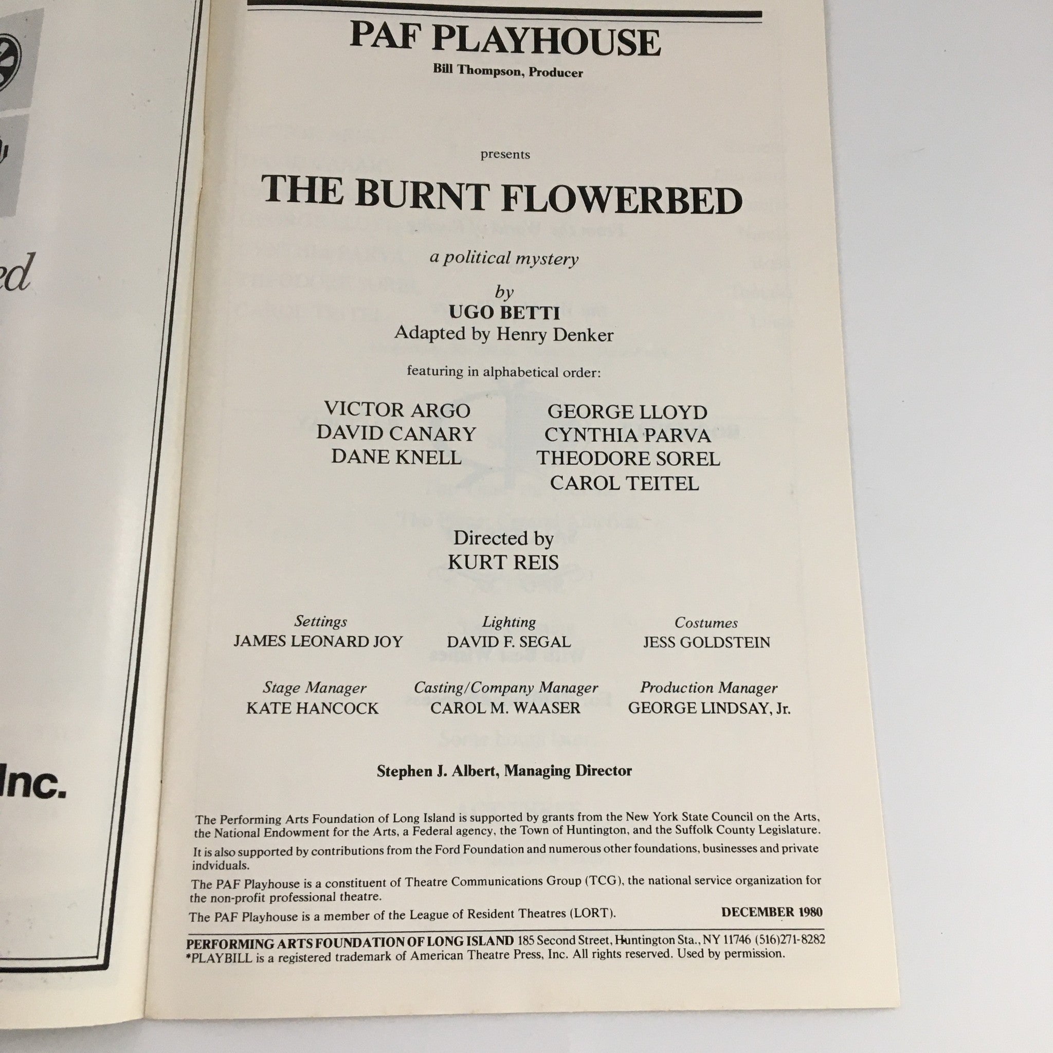 1980 Playbill PAF Playhouse 'The Burnt Flowerbed' Victor Argo, George Lloyd