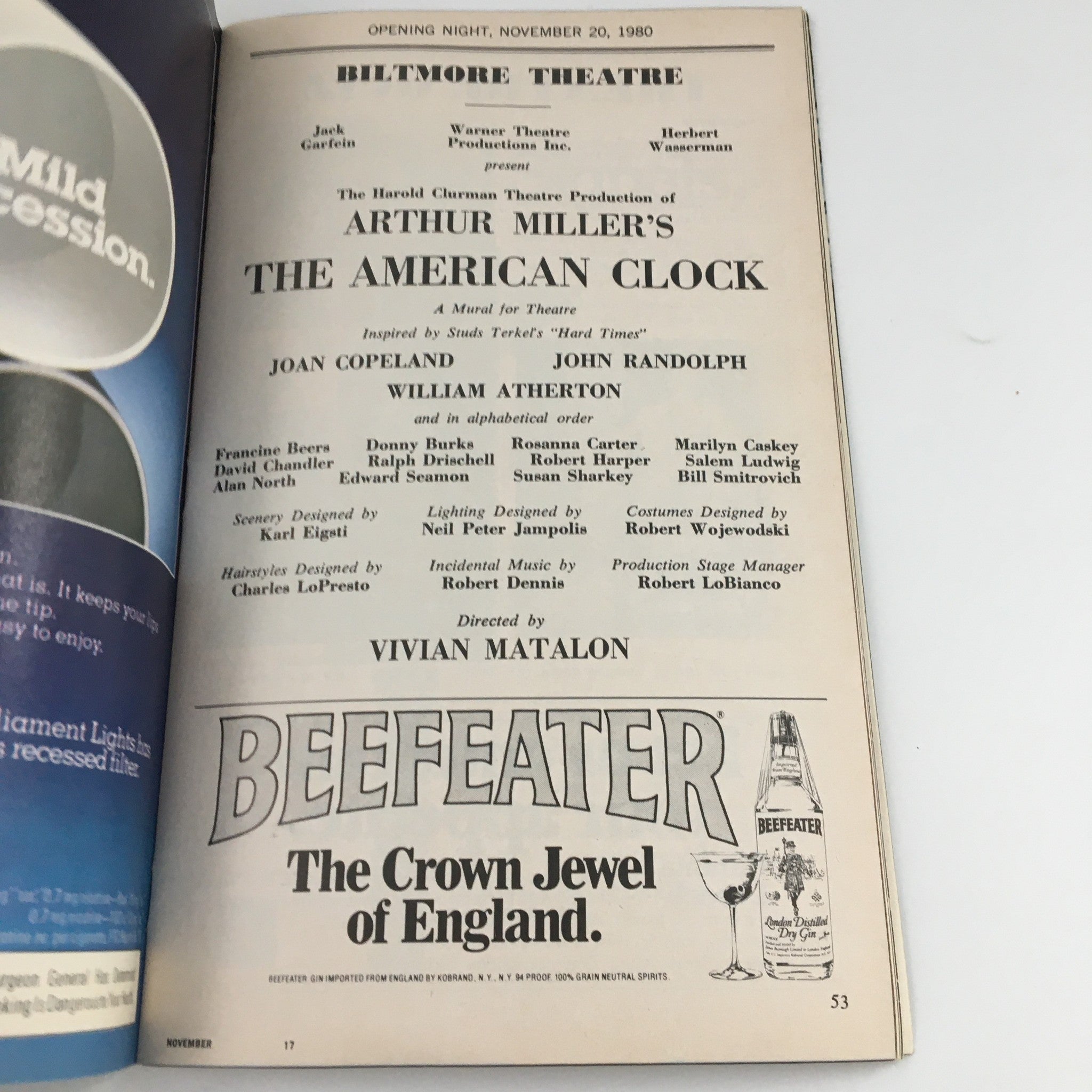 1980 Playbill Biltmore Theatre 'The American Clock' Joan Copeland, John Randolph