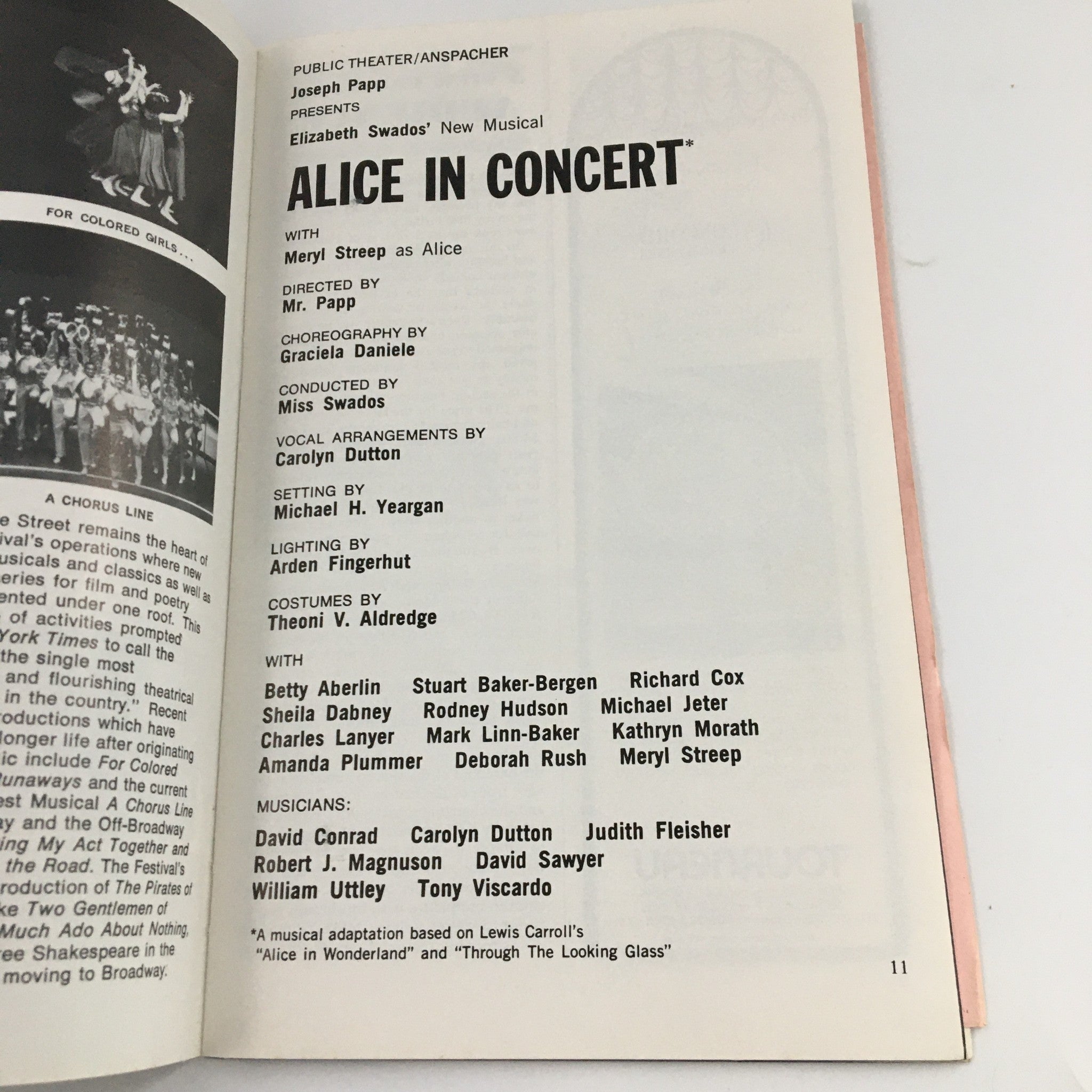 1980 Showbill Anspacher Theater 'Alice in Concert' Meryl Streep, Deborah Rush