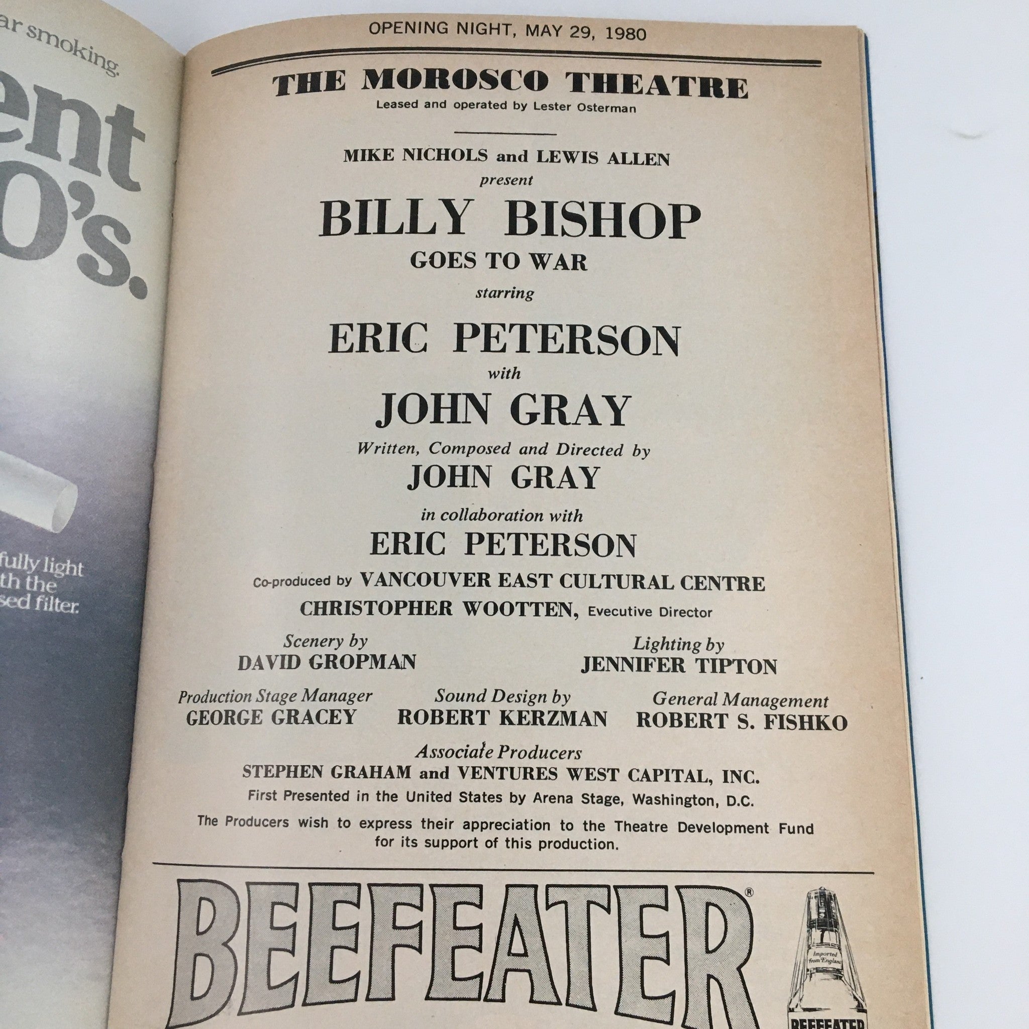 1980 Playbill Morosco Theatre 'Billy Bishop Goes to War' Eric Peterson John Gray