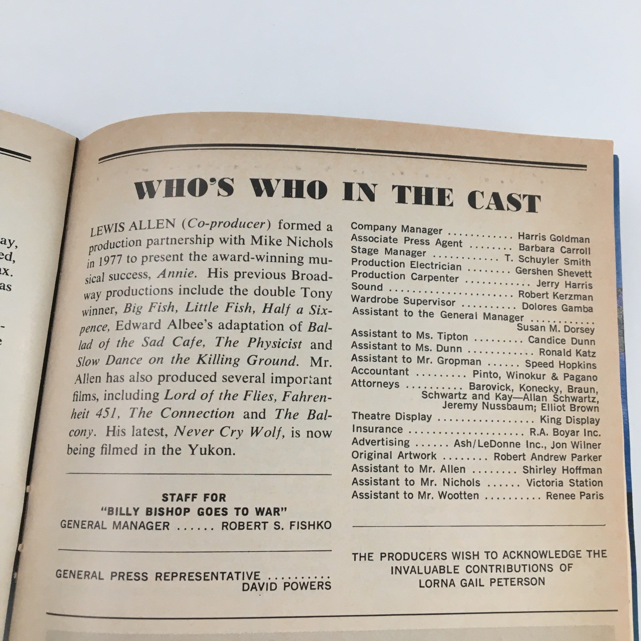 1980 Playbill Morosco Theatre 'Billy Bishop Goes to War' Eric Peterson John Gray