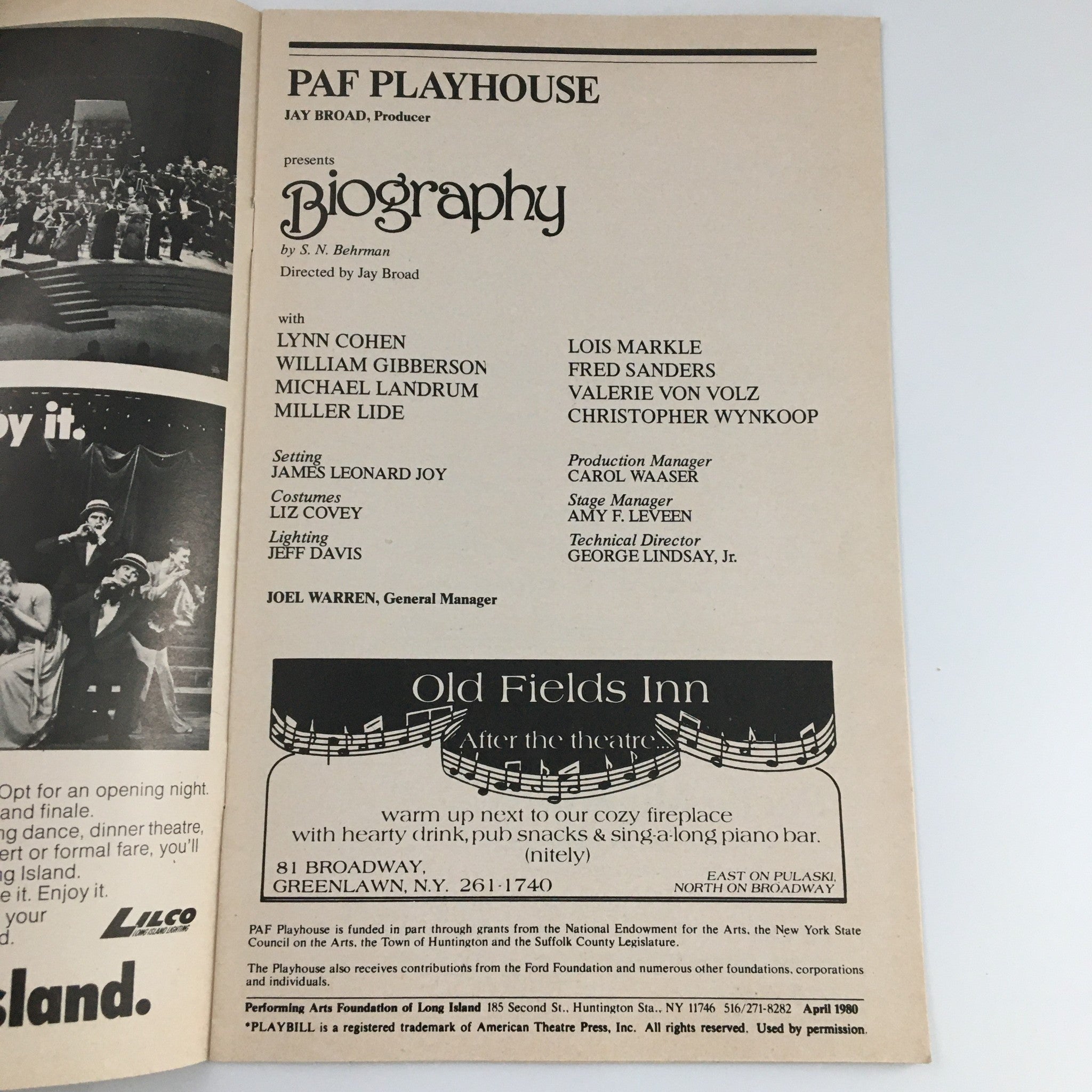 1980 Playbill PAF Playhouse 'Biography' Lynn Cohenn, William Gibberson