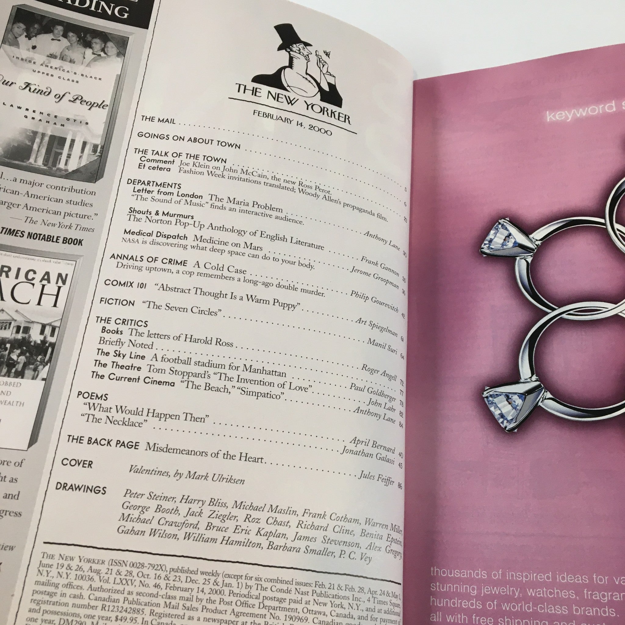 Interior view of The New Yorker Full Magazine February 14, 2000, displaying a table of contents and a decorative ring illustration, emphasizing its creative and literary content.