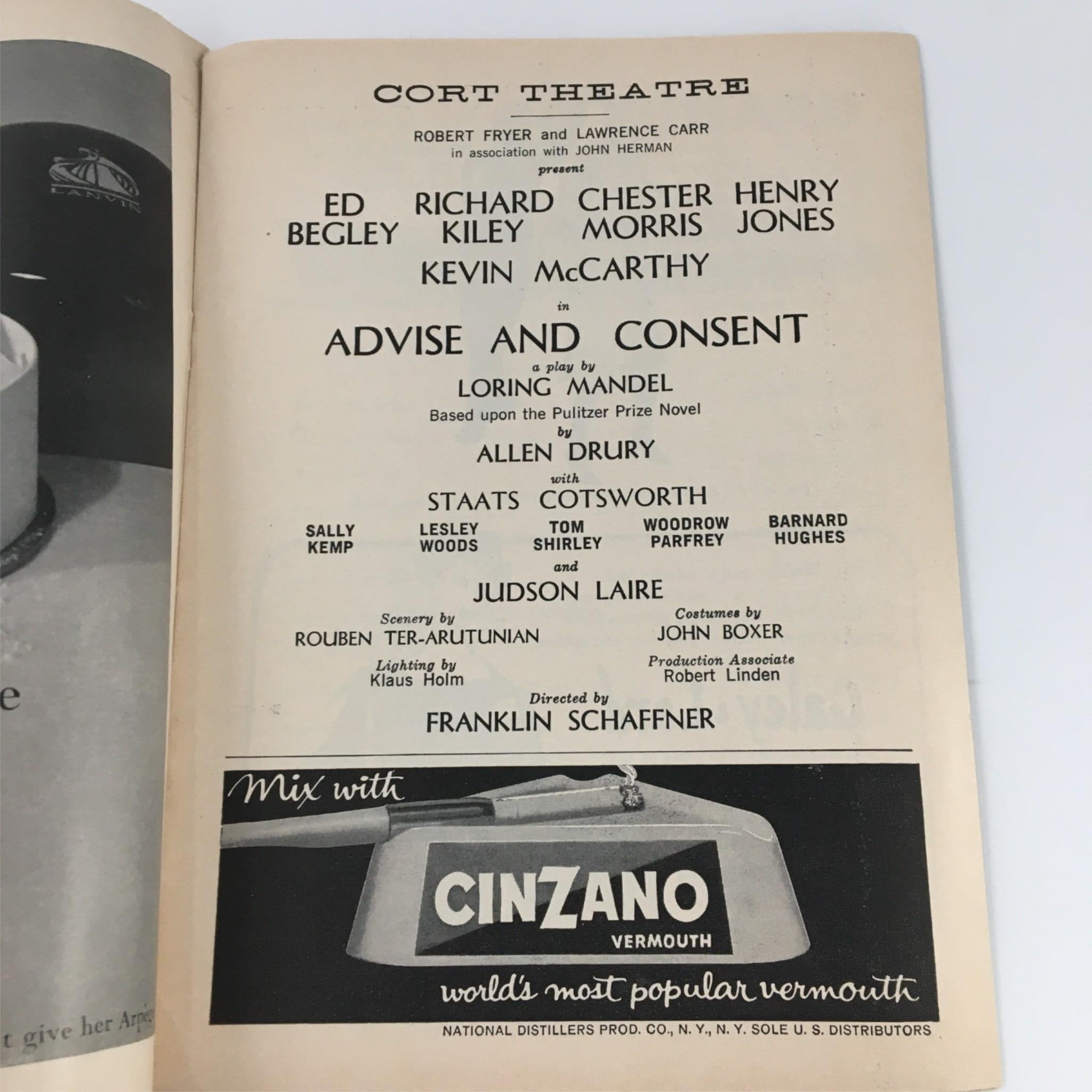 1961 Playbill Cort Theatre 'Advise and Consent' Richard Killey, Kevin McCarthy