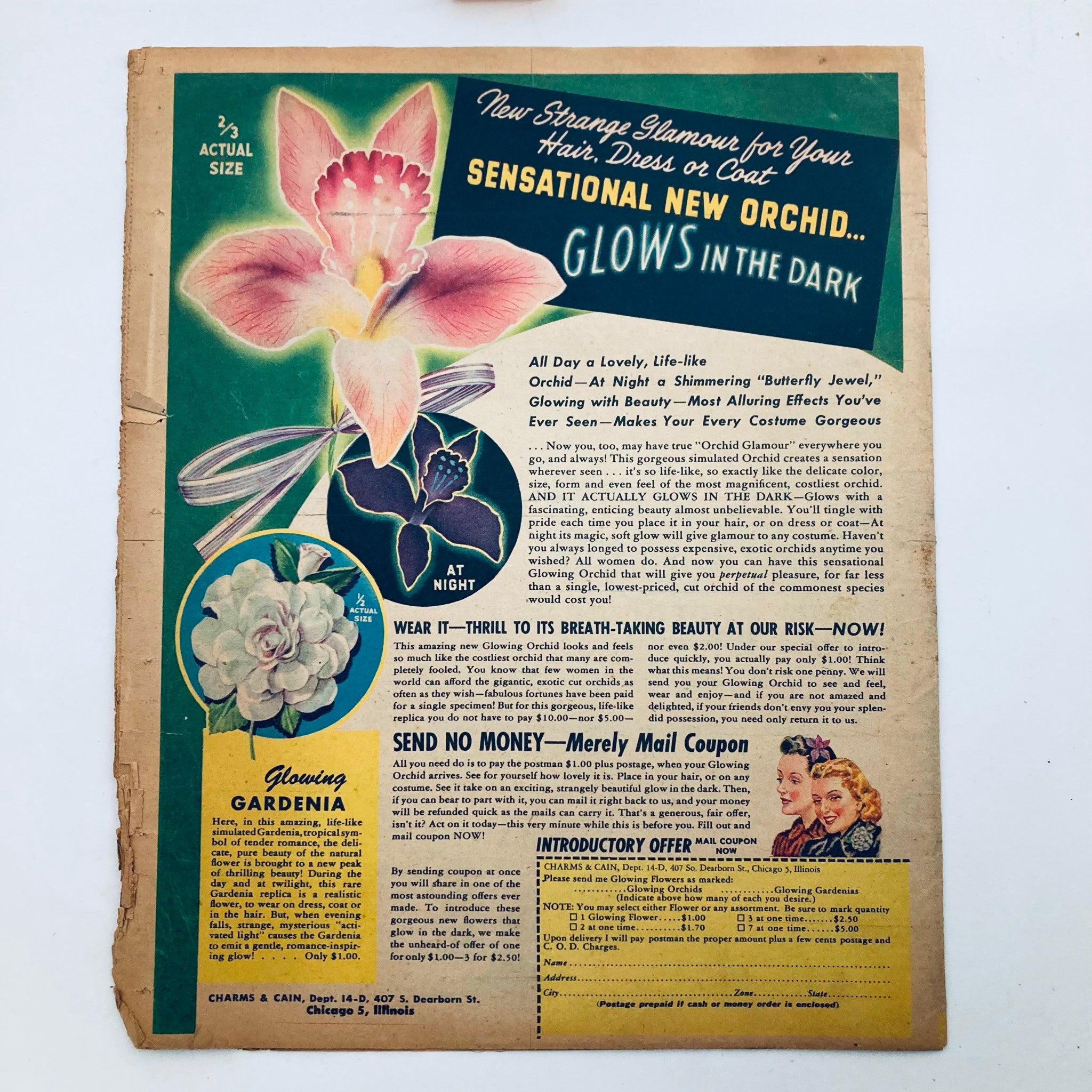 Back cover of Parade Newspaper Magazine WA Post April 30 1944 advertising a glowing orchid hair accessory, emphasizing unique fashion trends of the era.