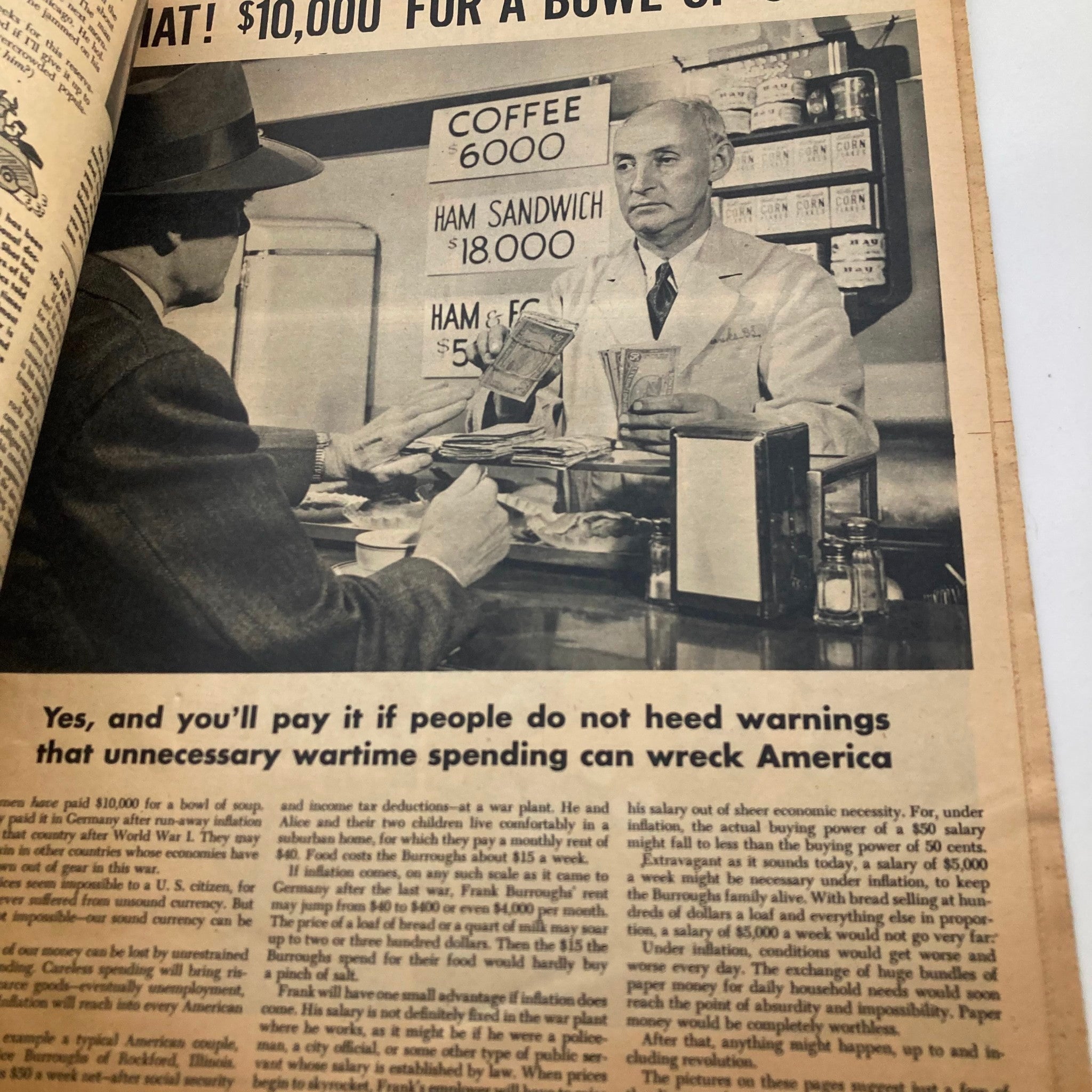 Inside page of the Parade Newspaper Magazine dated January 23, 1944, depicting a wartime pricing scenario with a man at a counter and a vendor discussing prices in relation to wartime spending.
