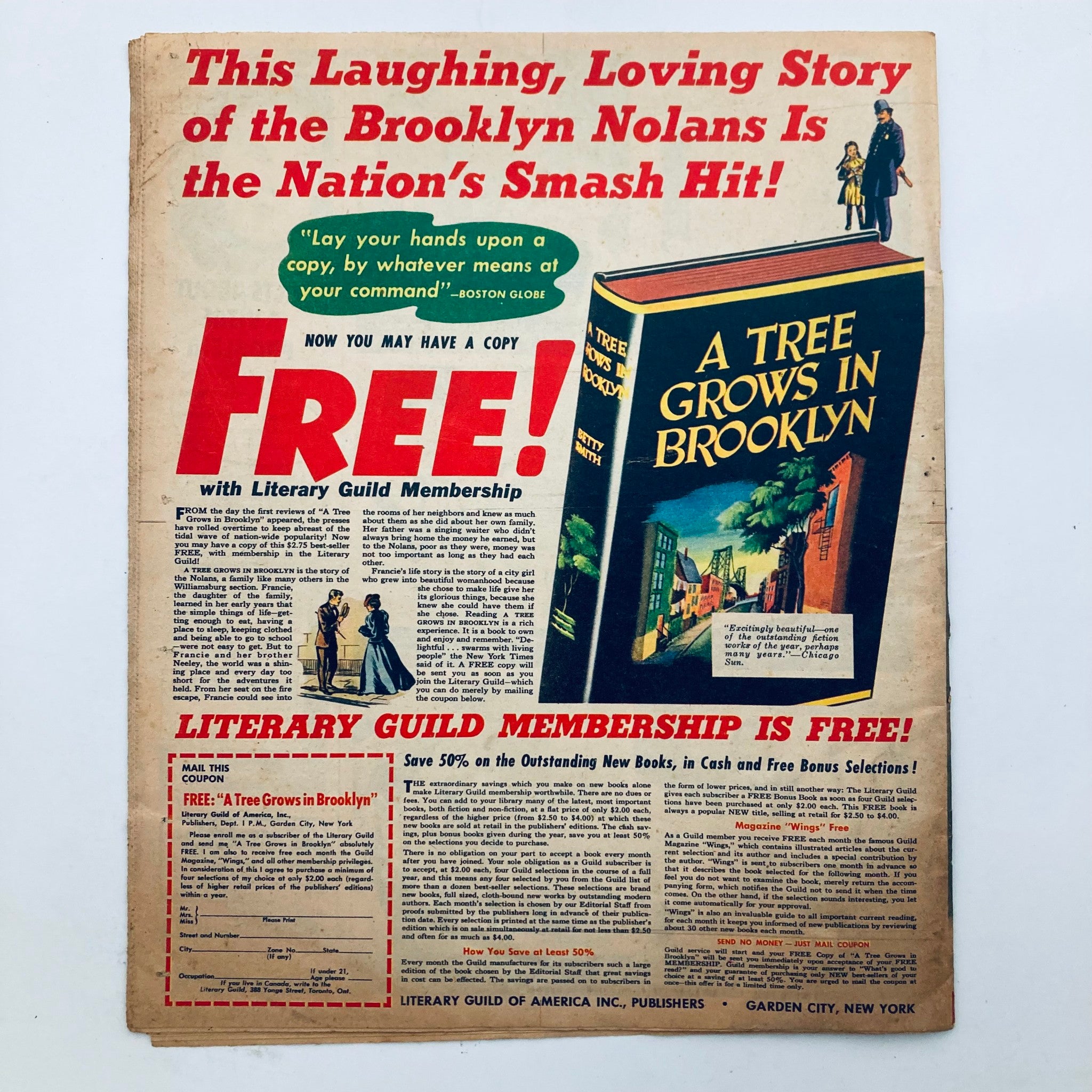 Back cover of the Parade Newspaper Magazine from January 23, 1944, advertising 'A Tree Grows in Brooklyn' with a promotion for Literary Guild Membership.