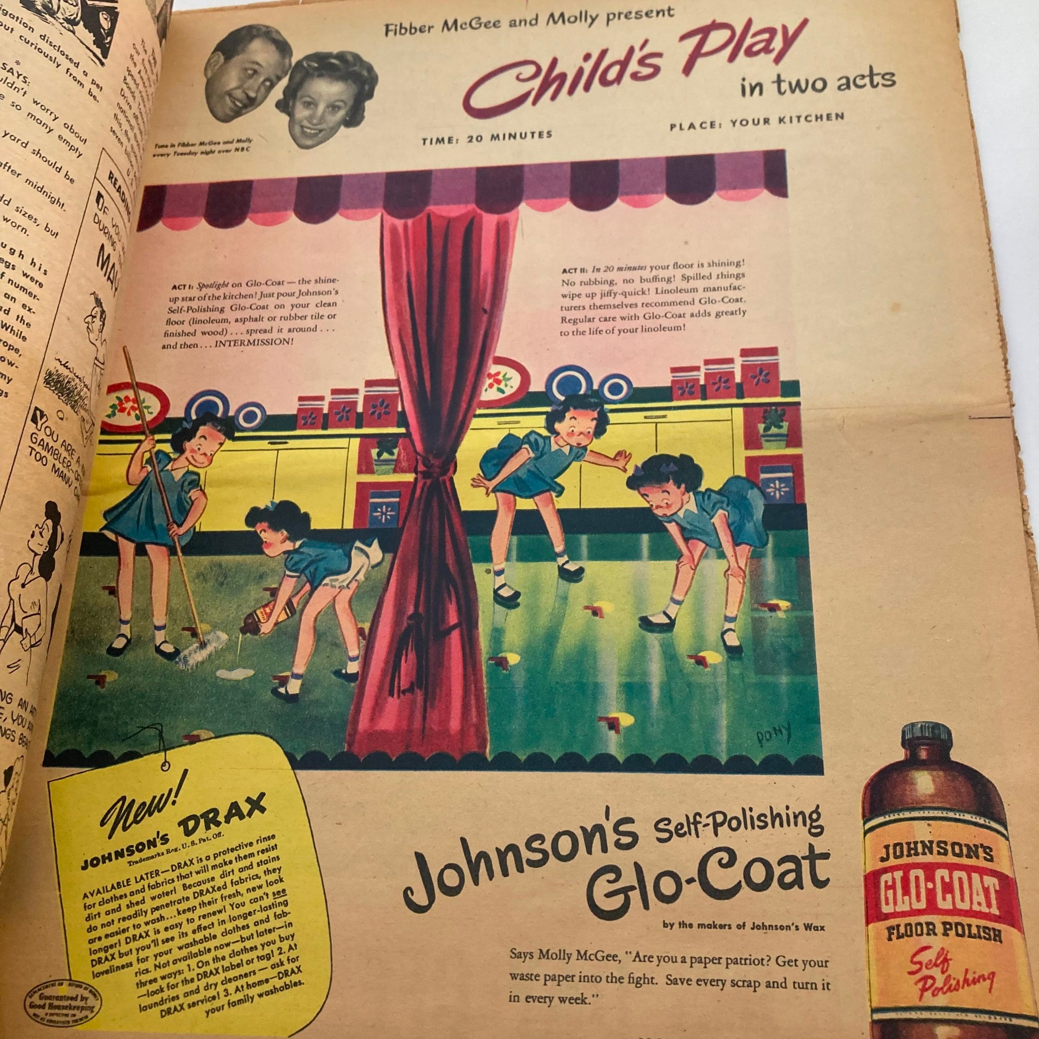 Parade Newspaper Magazine WA Post May 13 1945 featuring an advertisement for Johnson's Glo-Coat with children cleaning the kitchen in a playful setting.