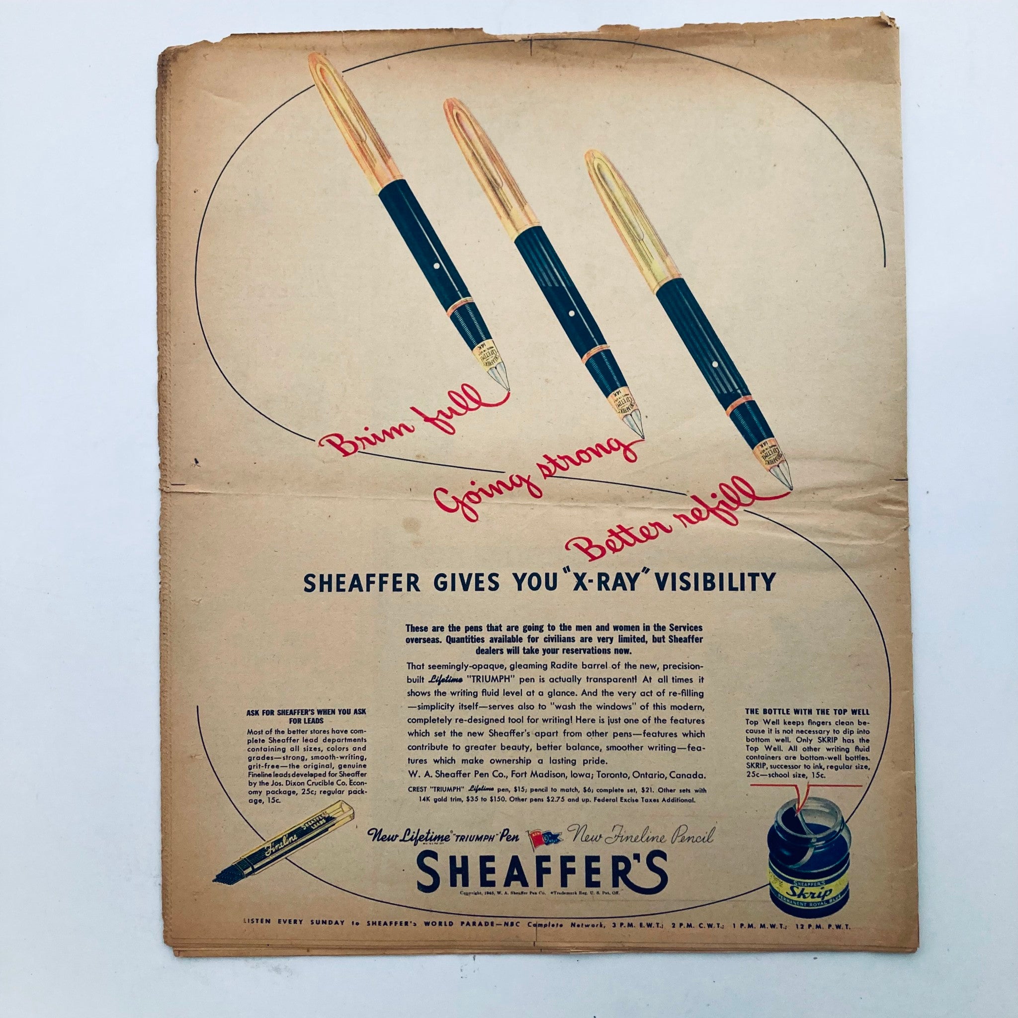 Parade Newspaper Magazine WA Post May 13 1945 showcasing an advertisement for Sheaffer's pens with a focus on 'X-Ray visibility' and features of the pens.