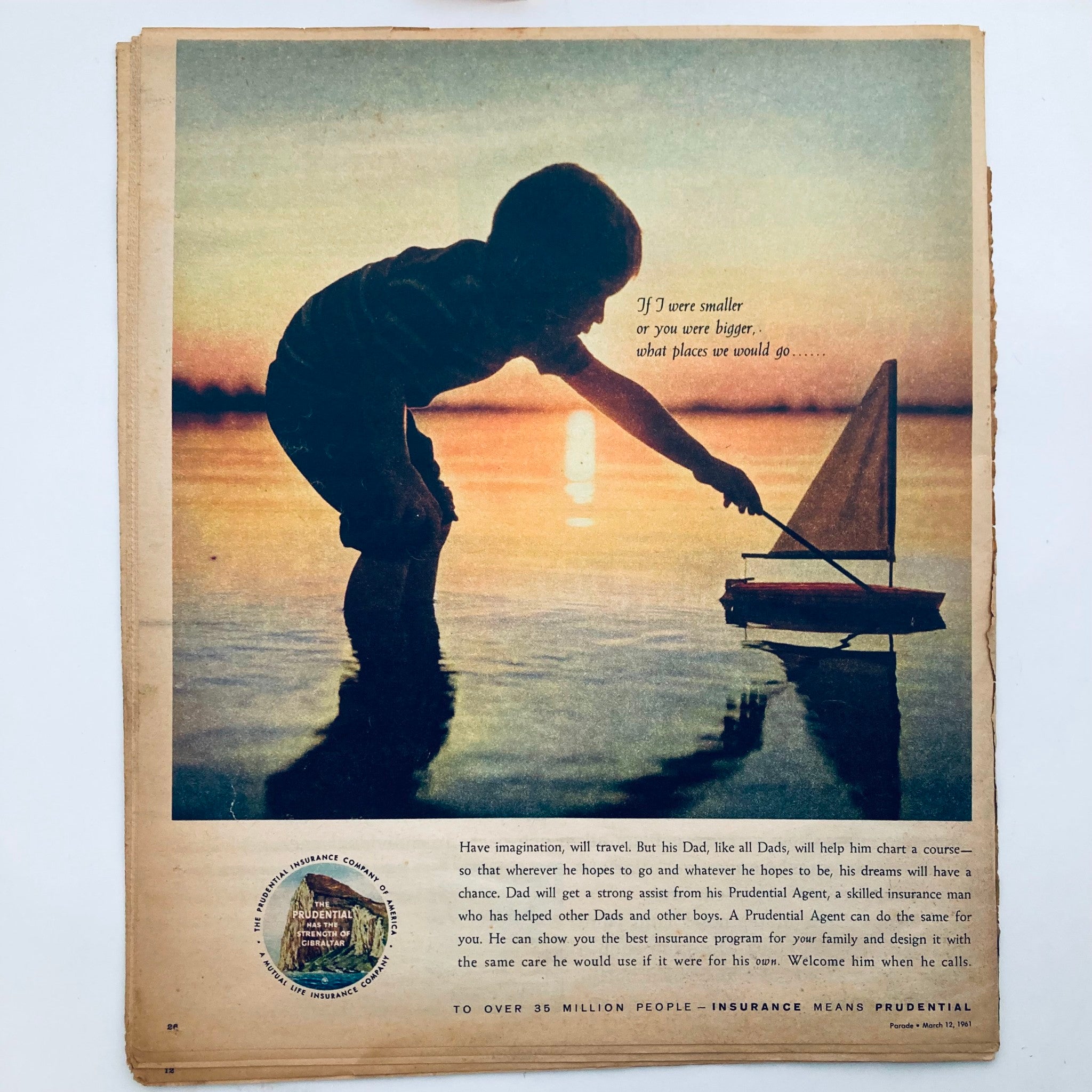 A child playing with a toy sailboat at sunset, as illustrated in the Parade Newspaper Magazine WA Post March 12 1961, highlighting themes of imagination and childhood.