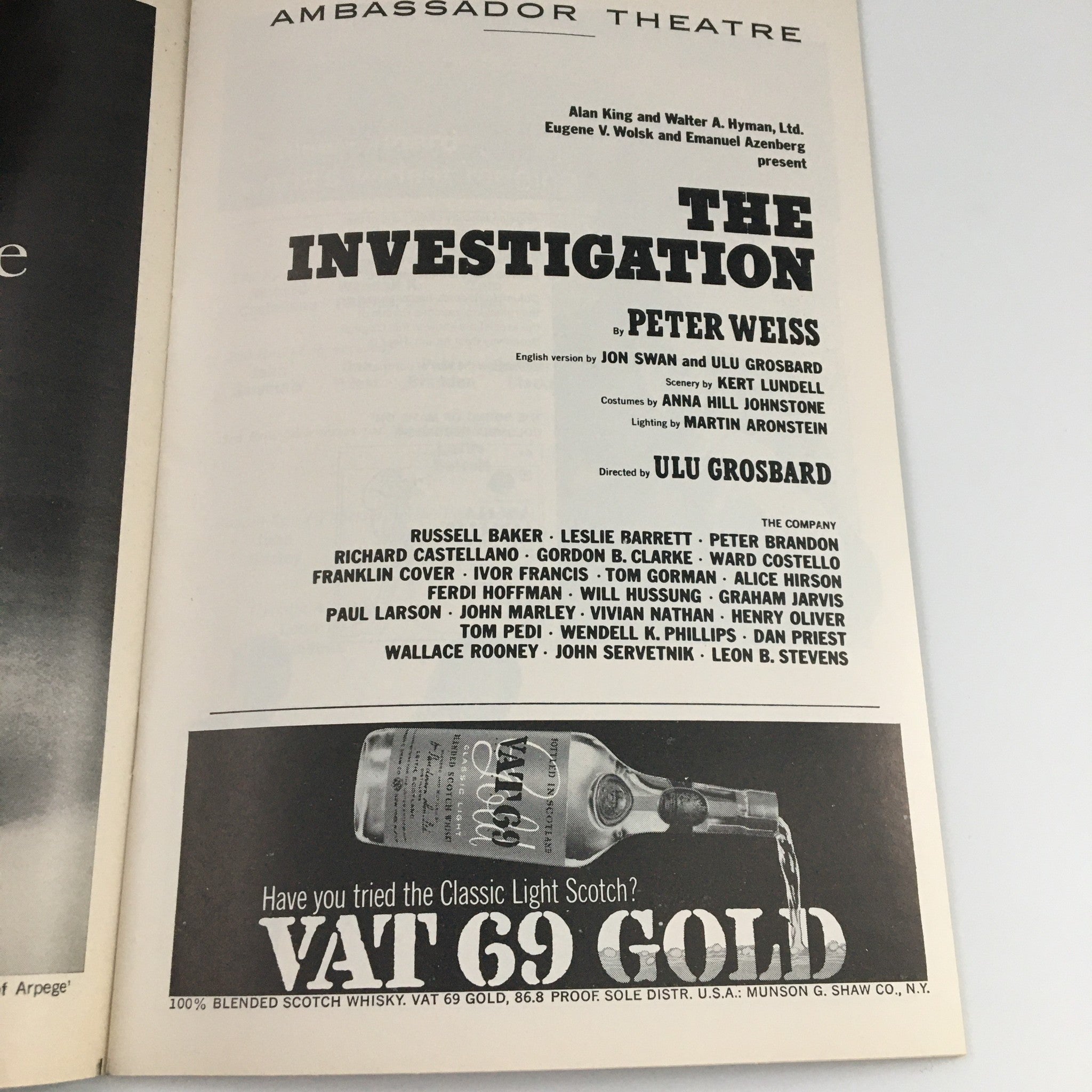 1966 Playbill Ambassador Theatre 'The Investigation' Russell Baker, Tom Gorman