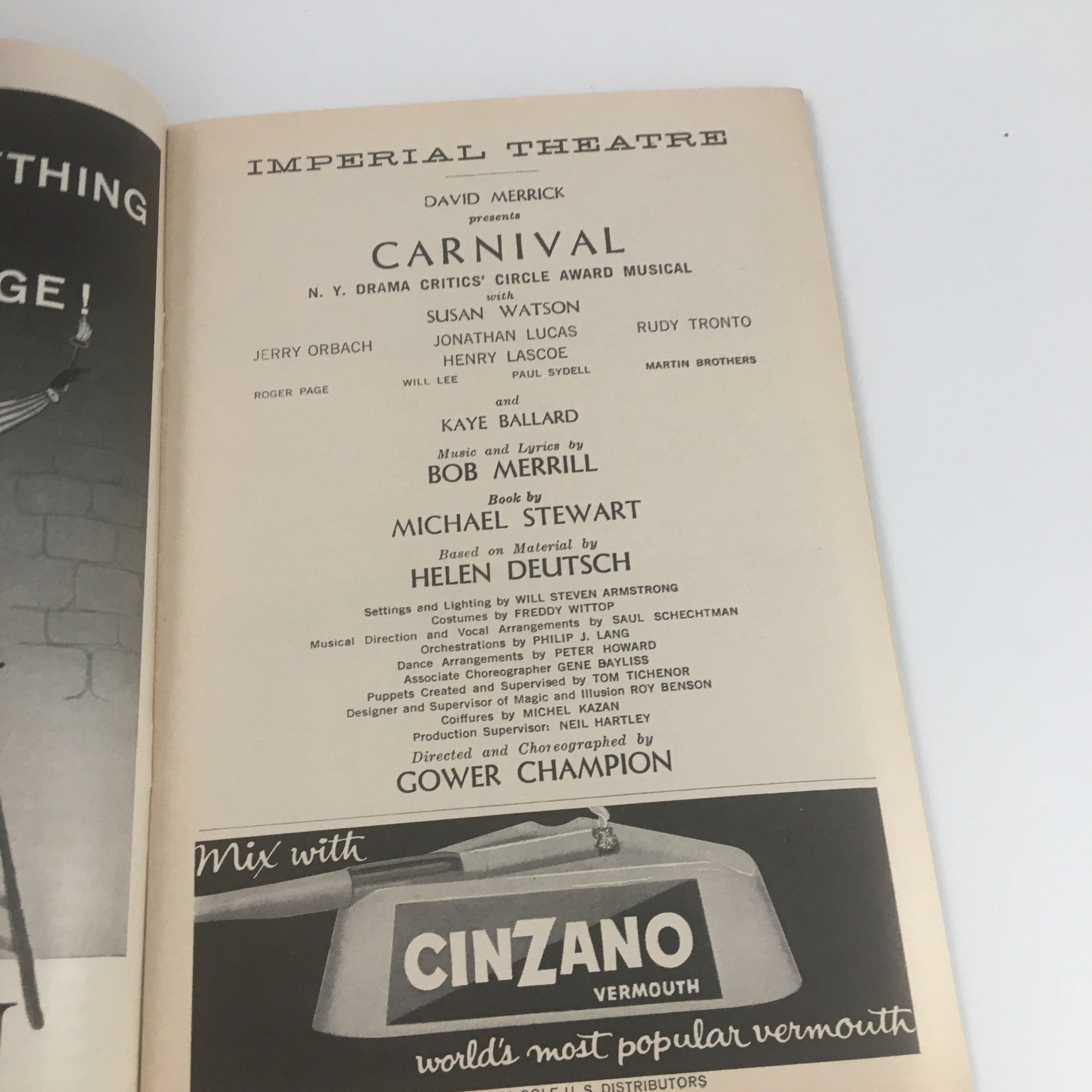 1962 Playbill Imperial Theatre 'Carnival' Susan Watson, Jerry Orbach Rudy Tronto