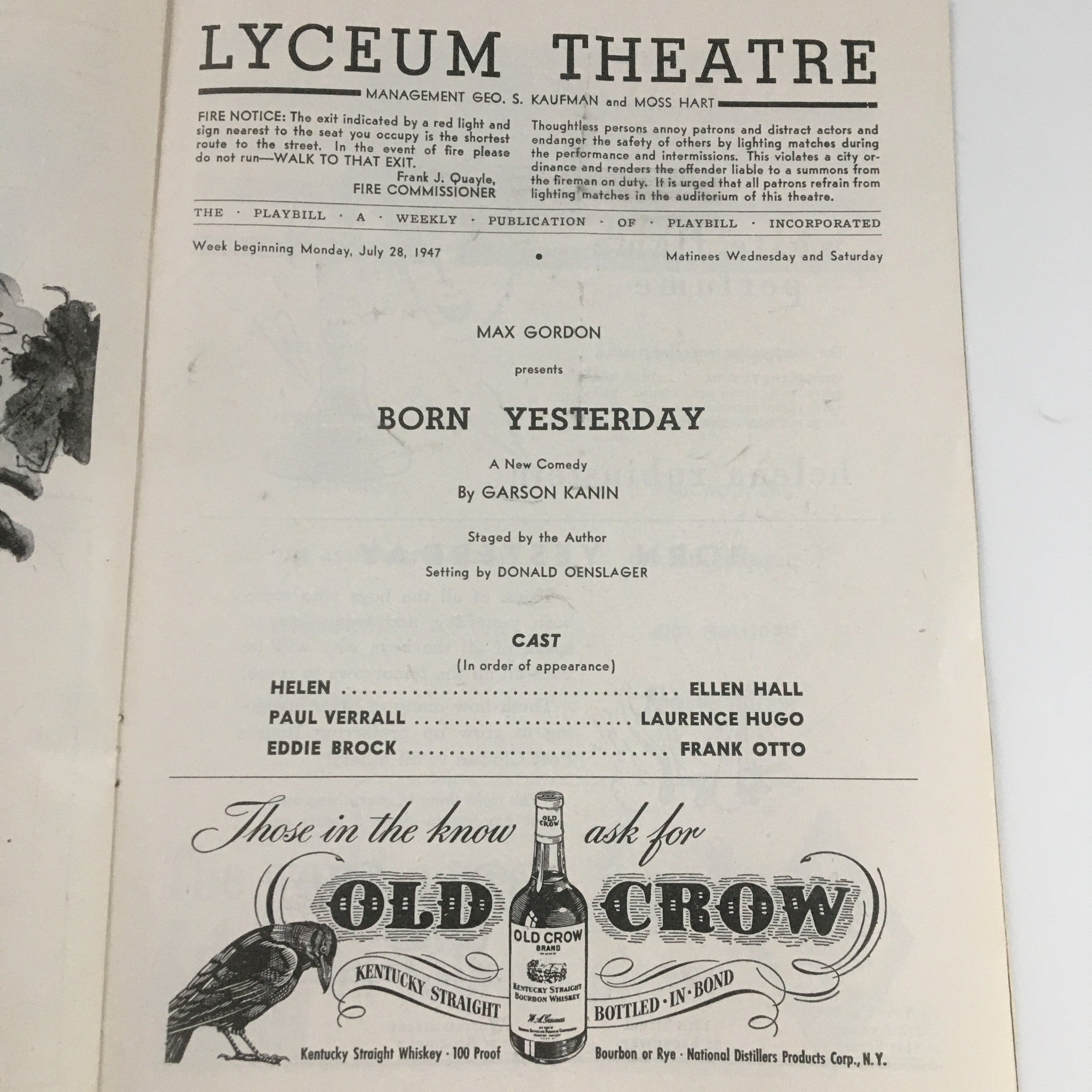 1947 Playbill Lyceum Theatre 'Born Yesterday' Ellen Hall, Laurence Hugo