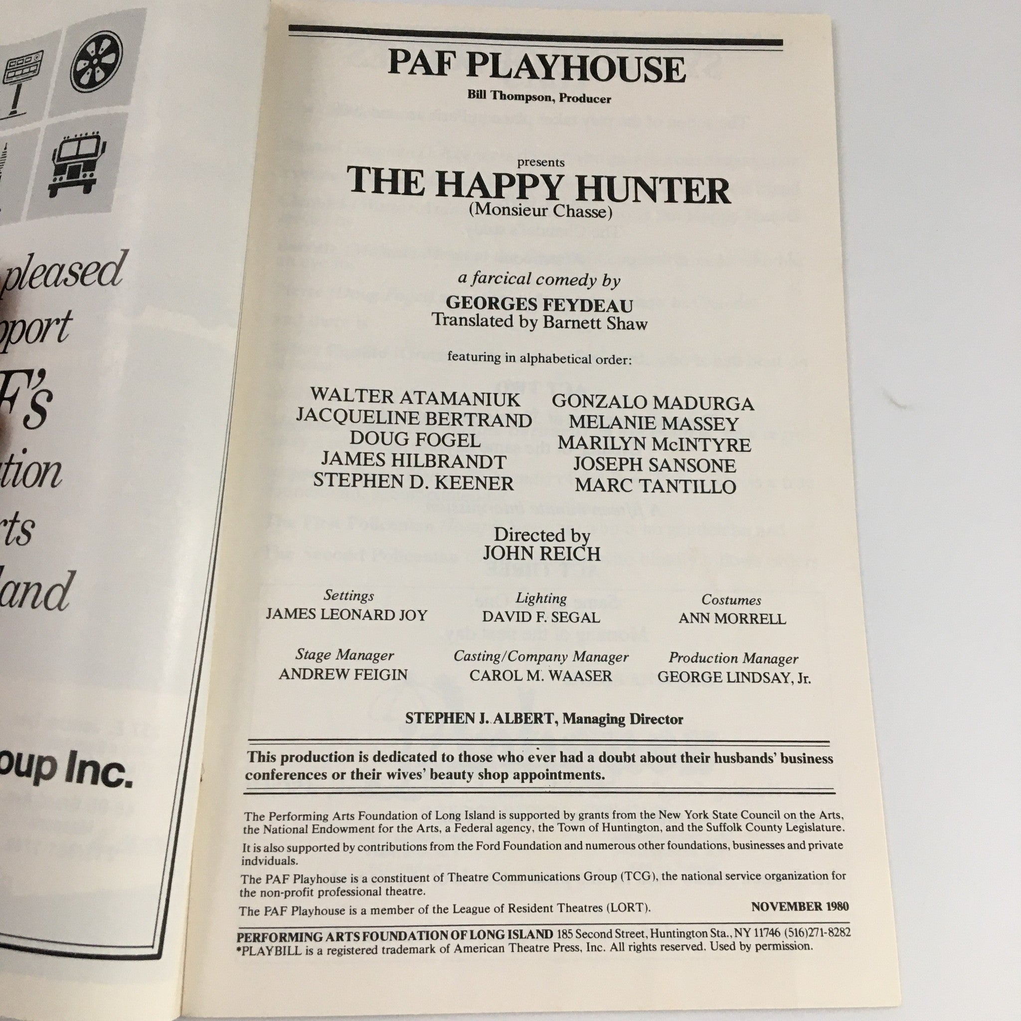 1980 Playbill PAF Playhouse 'The Happy Hunter' Walter Atamaniuk, Marc Tantillo