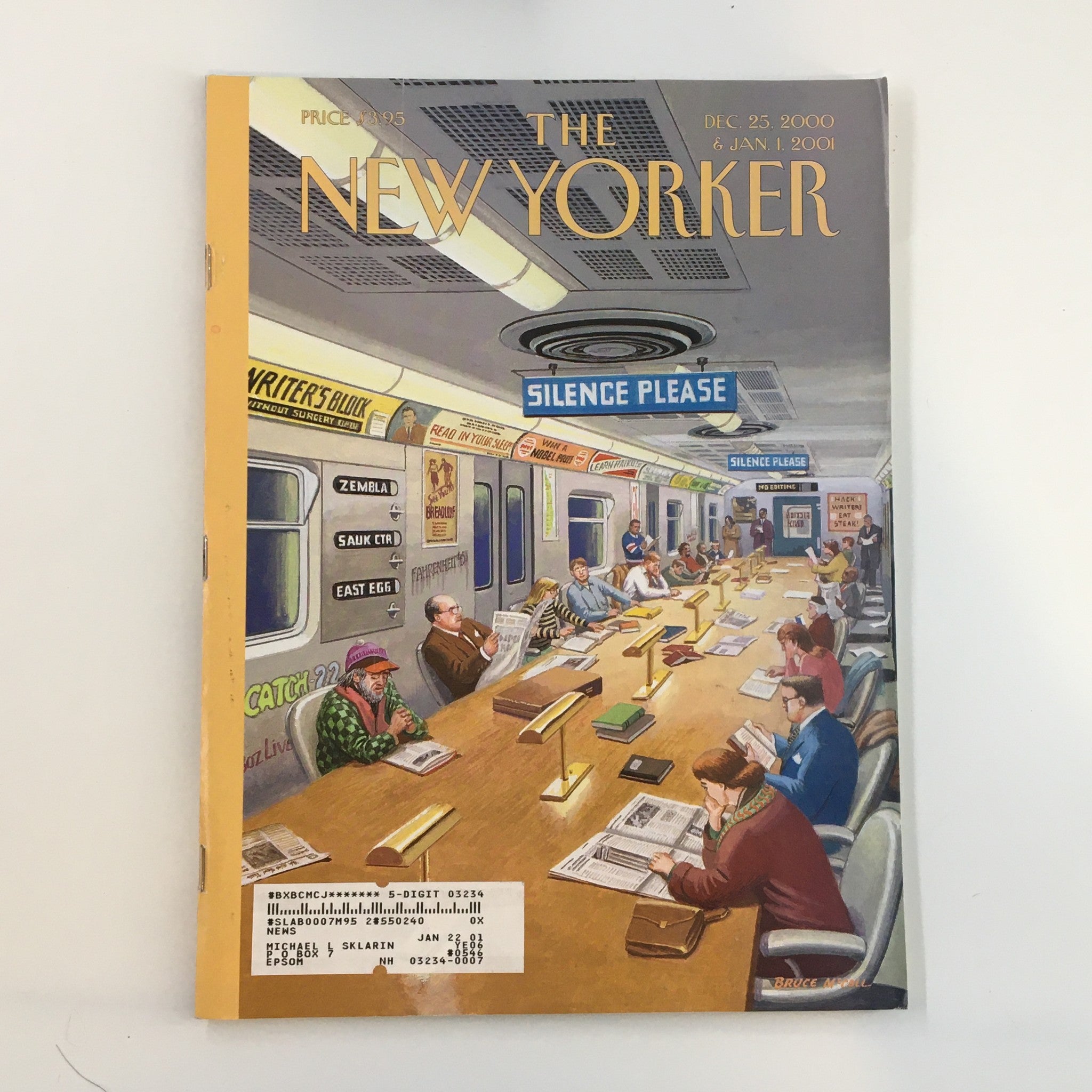 The New Yorker Full Magazine December 25 2000 cover featuring artwork by Bruce McCall, depicting a creative workspace with individuals engaged in various activities.