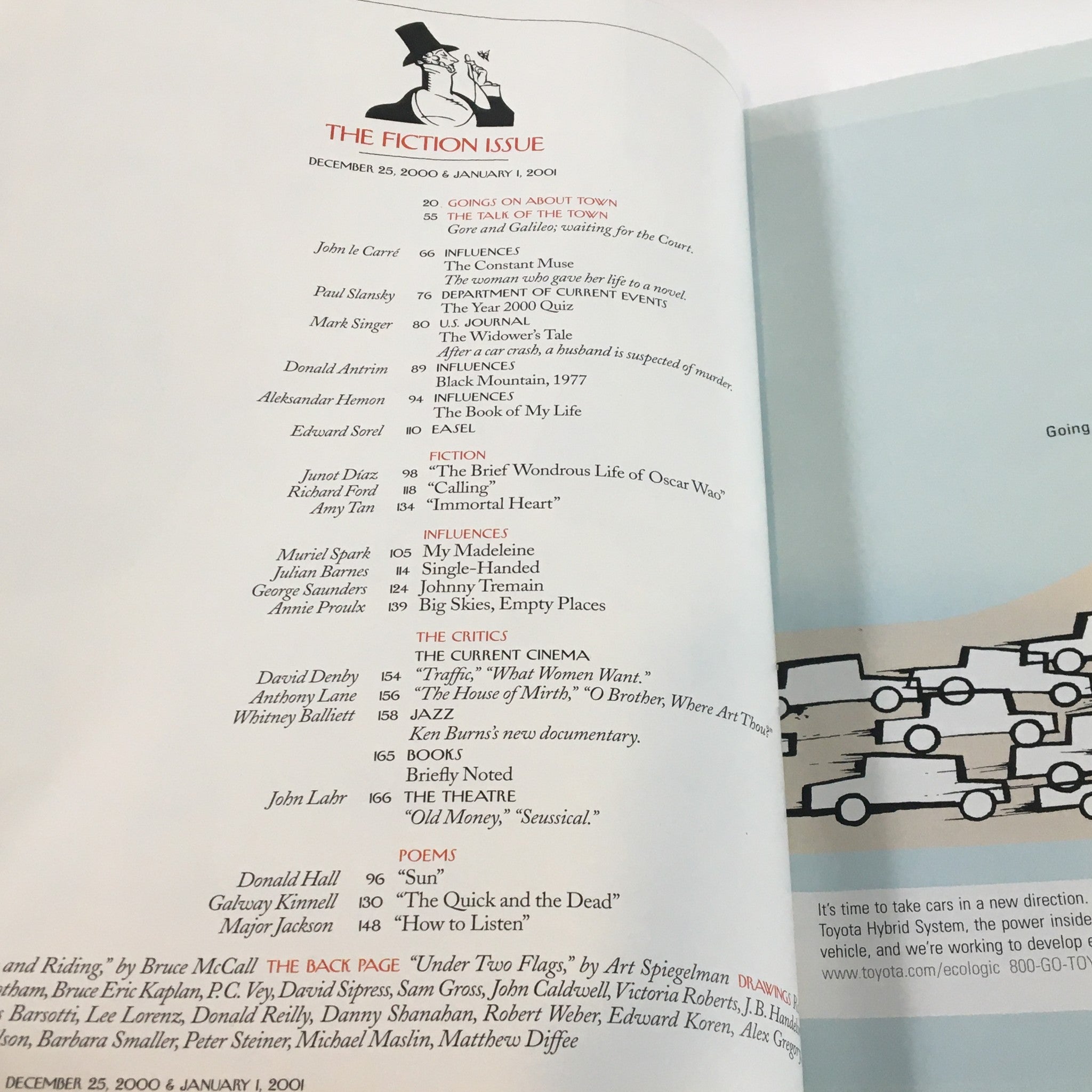 The New Yorker Full Magazine December 25 2000 interior page showing the contents list, emphasizing its fiction issue and notable articles.