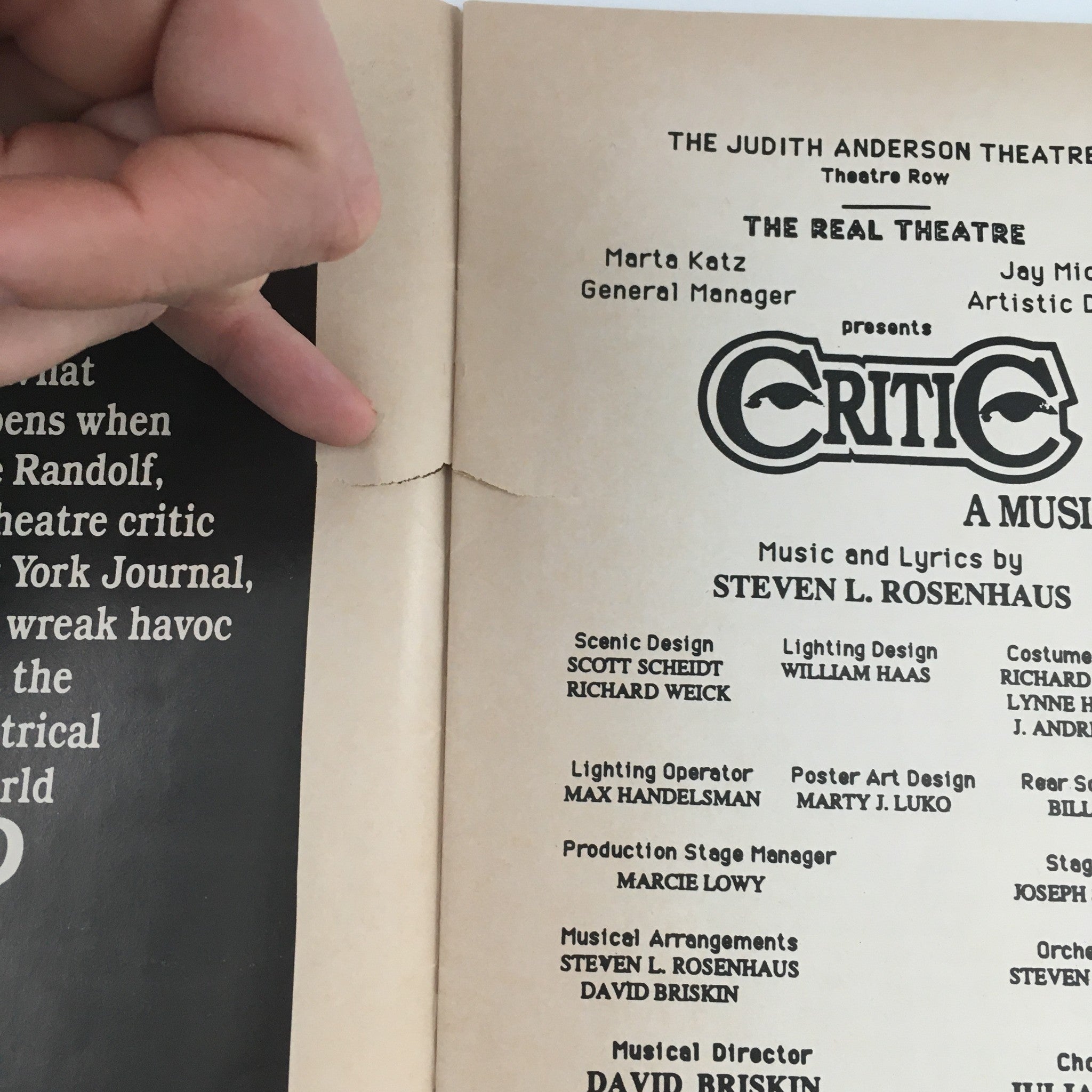 1988 Showbill The Judith Anderson Theatre 'Critic' John Fantasia, Corey Taylor