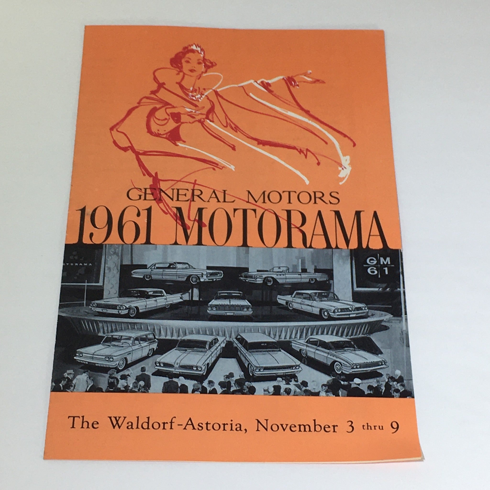 Cover of the Vintage General Motors 1961 Motorama catalog featuring Chevrolet, Pontiac, and Oldsmobile, showcasing classic car designs at the Waldorf-Astoria presentation.