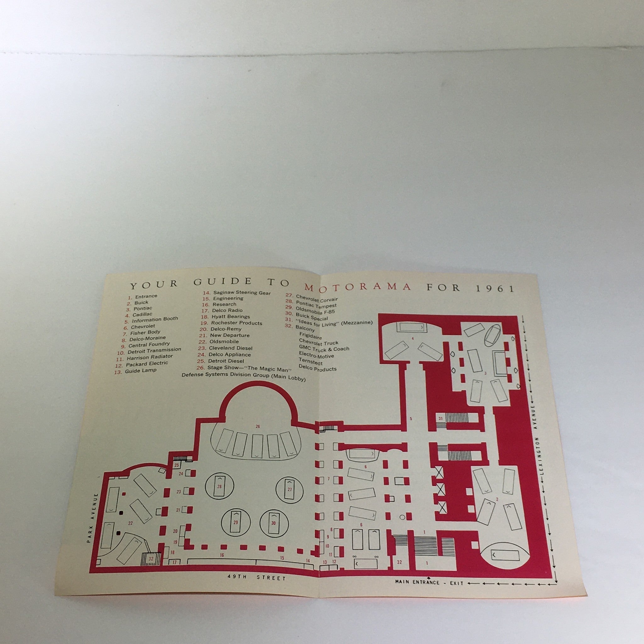 Map layout of the 1961 Motorama event featured in the Vintage General Motors 1961 Motorama ft Chevrolet, Pontiac, Oldsmobile Car Catalog.