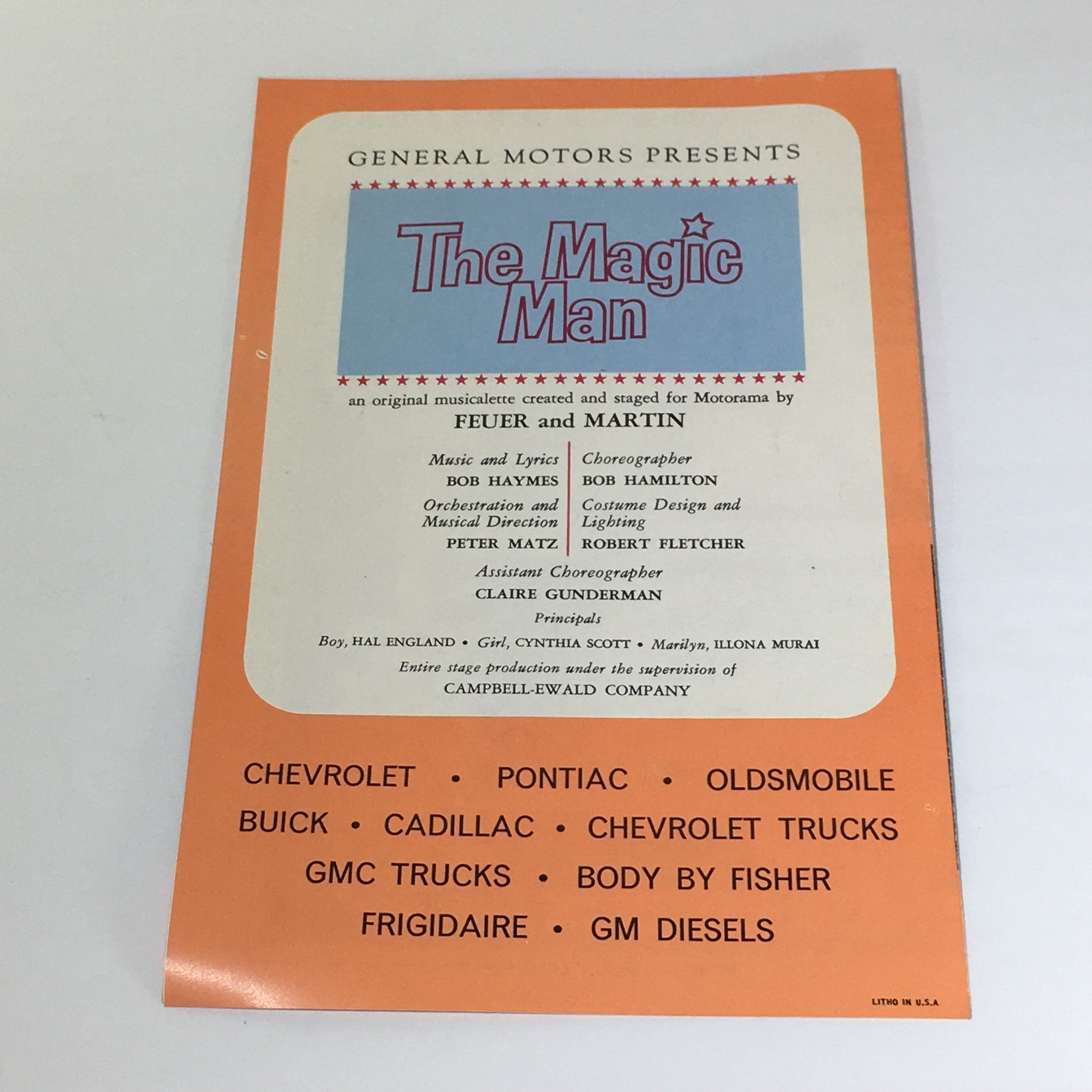 Promotional cover for 'The Magic Man' production presented by General Motors, featured in the Vintage General Motors 1961 Motorama ft Chevrolet, Pontiac, Oldsmobile Car Catalog.