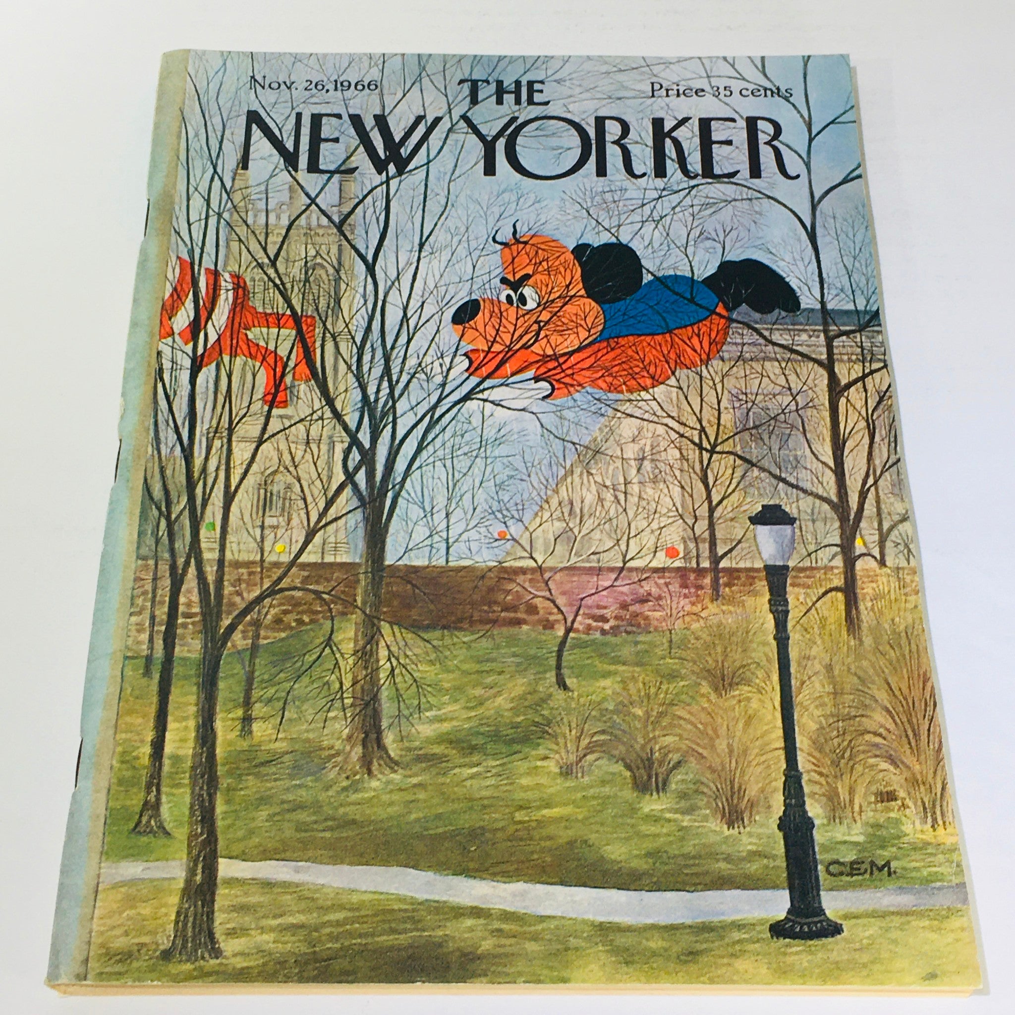 Cover of New Yorker magazine from November 26, 1966, illustrated by Charles E. Martin featuring whimsical characters and a colorful autumn landscape.