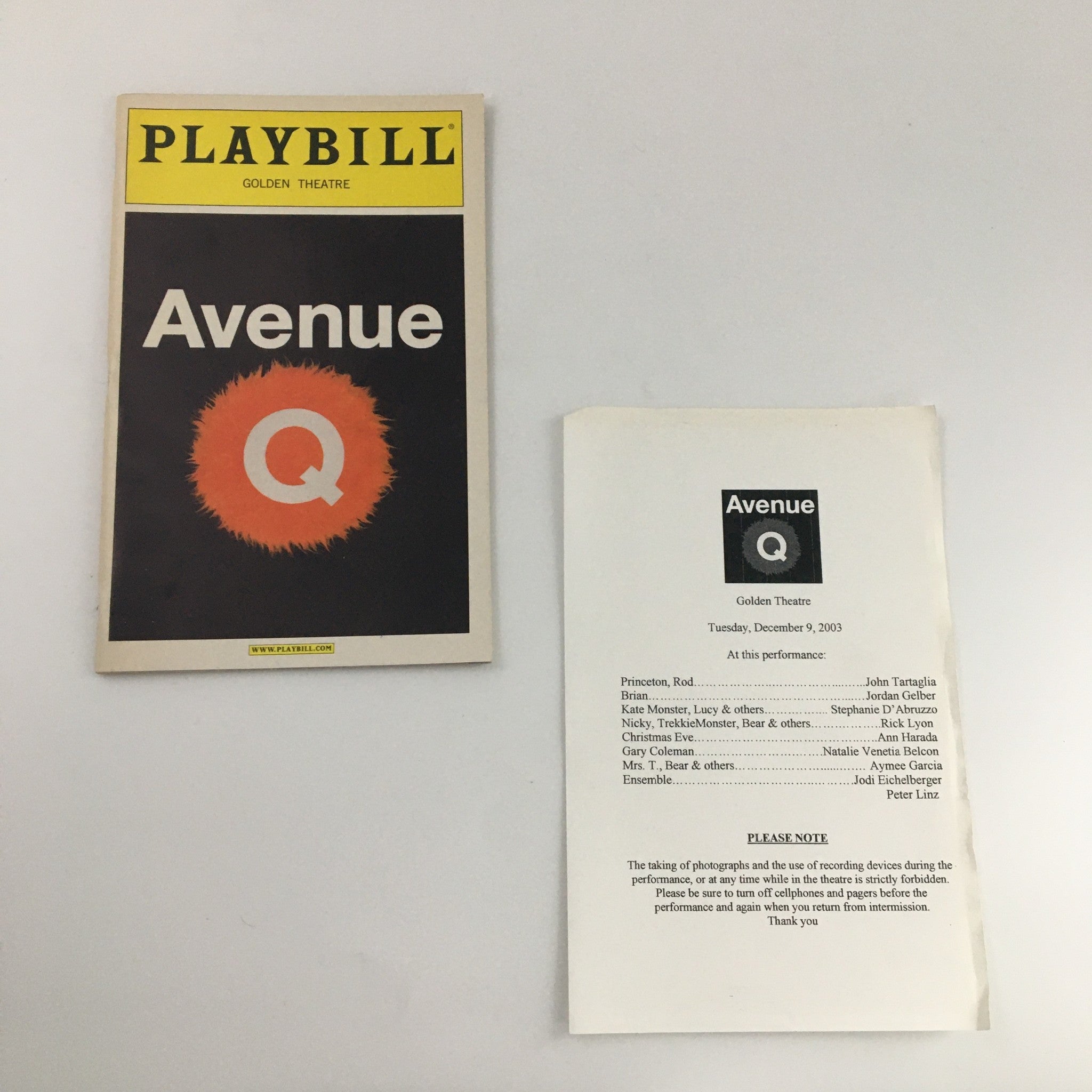 2003 Playbill Golden Theatre 'Avenue Q' Kevin McCollum, Robyn Goodman, Rick Lyon