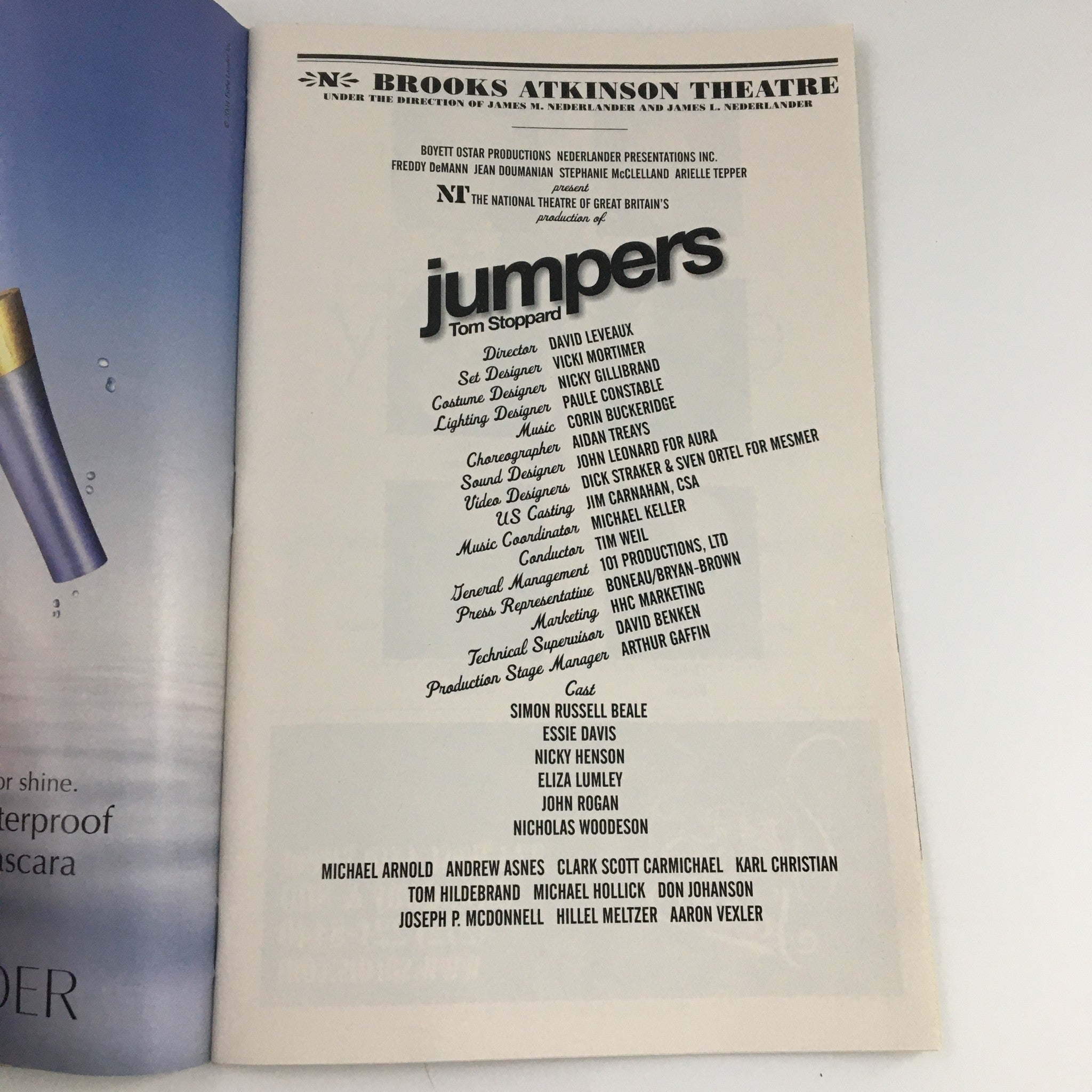 2004 Playbill Brooks Atkinson Theatre 'Jumpers' Simon Russell Beale, Essie Davis