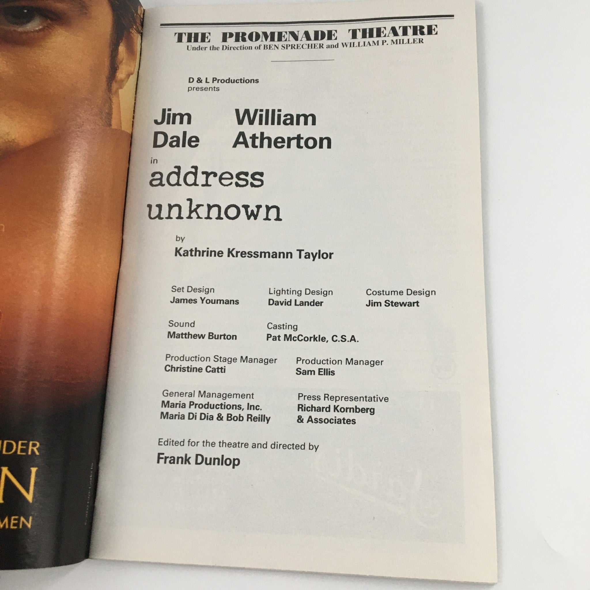 Credits page of the 2004 Playbill for 'Address Unknown', listing the creative team including Jim Dale and William Atherton, essential for collectors.