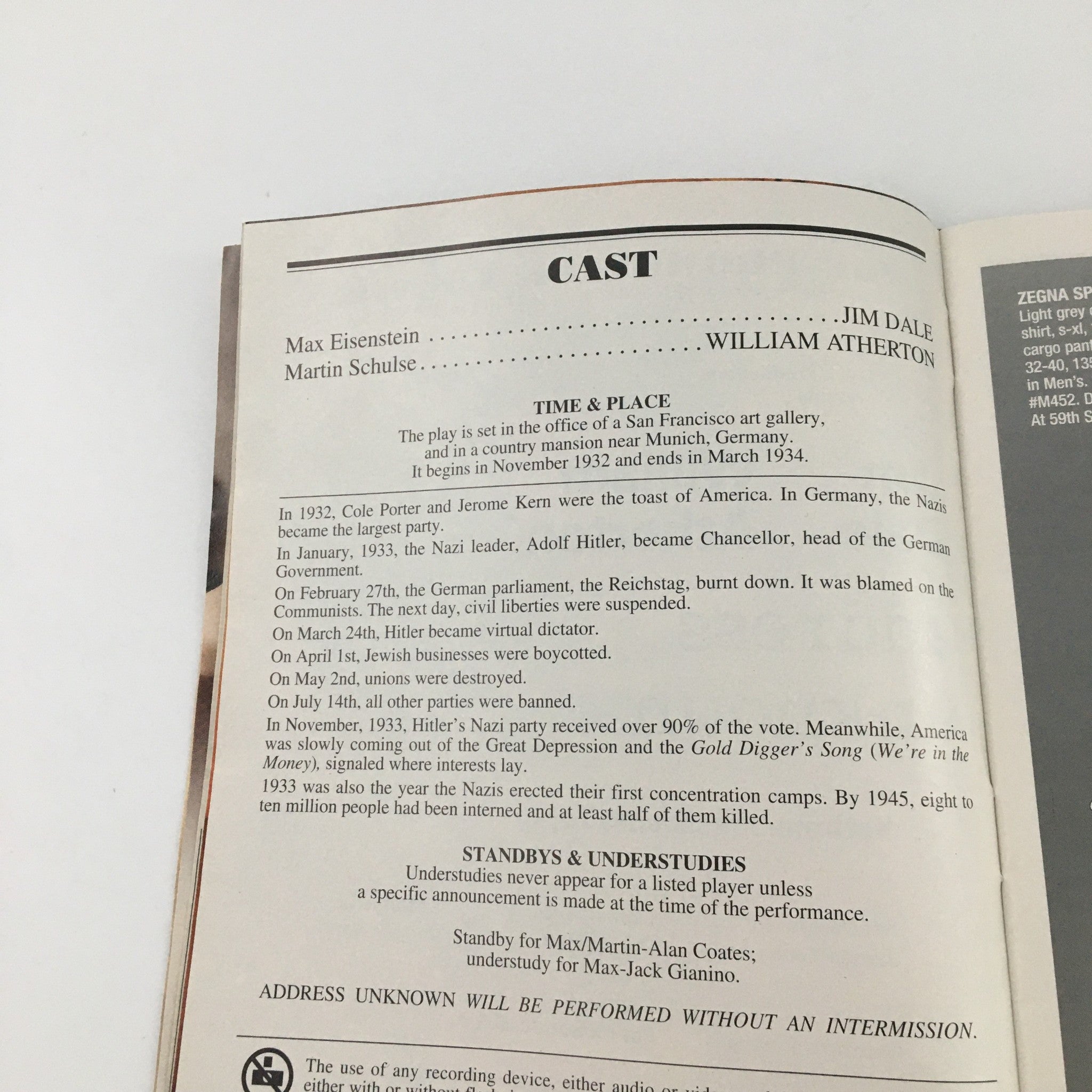 Cast page from the 2004 Playbill for 'Address Unknown', detailing casting information and performance history, valuable for theatre memorabilia collectors.