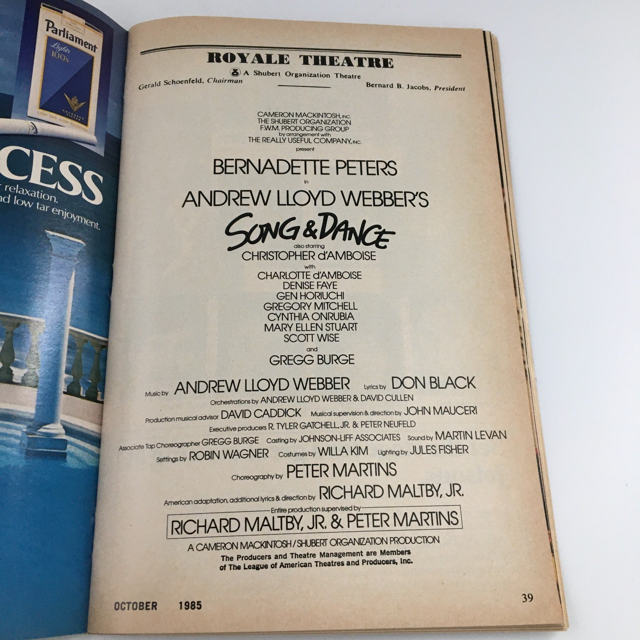 1985 Playbill Royal Theatre 'Song & Dance' Bernadette Petters, Denise Faye