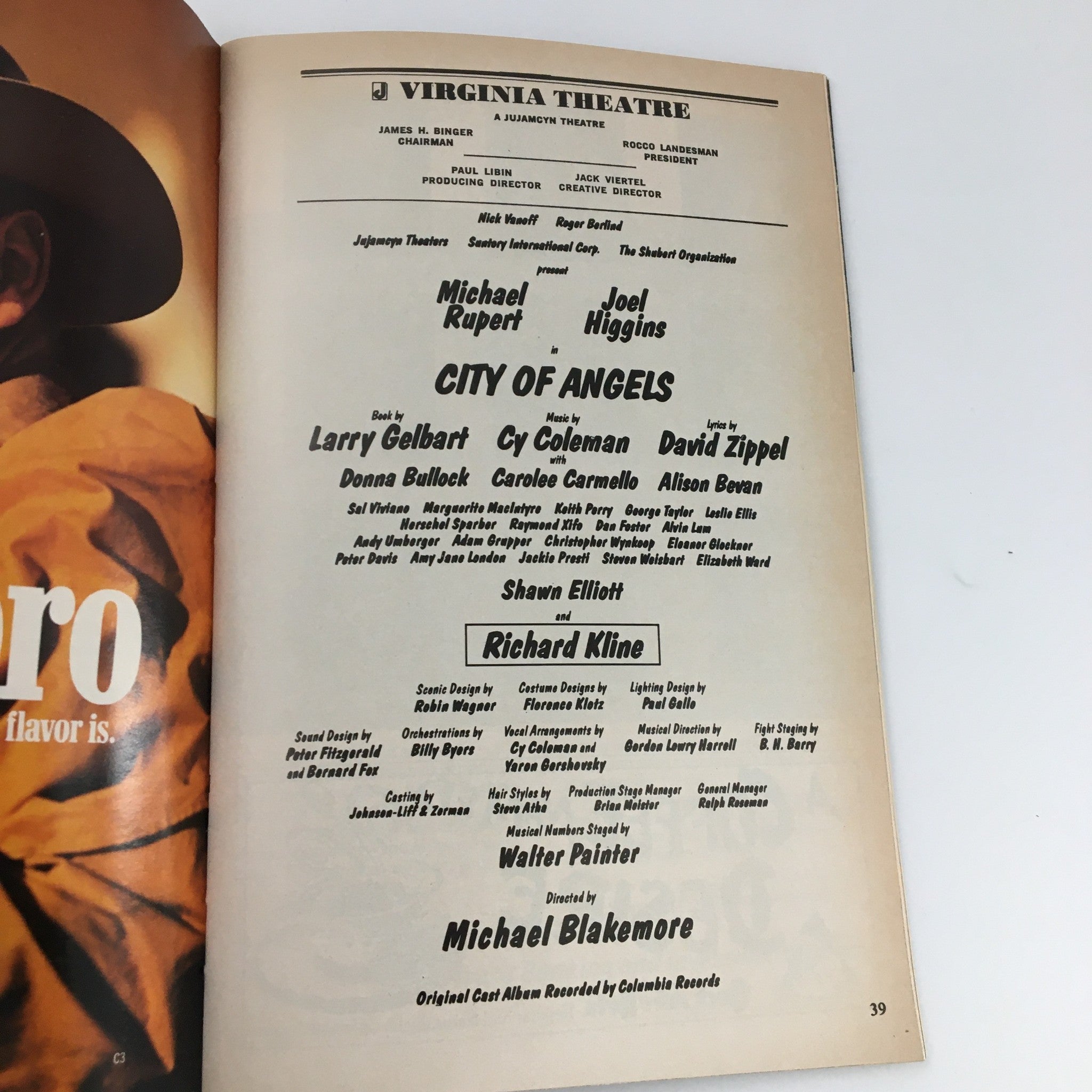 1991 Playbill Virginia Theatre 'City of Angels' Michael Rupert, Joel Higgins