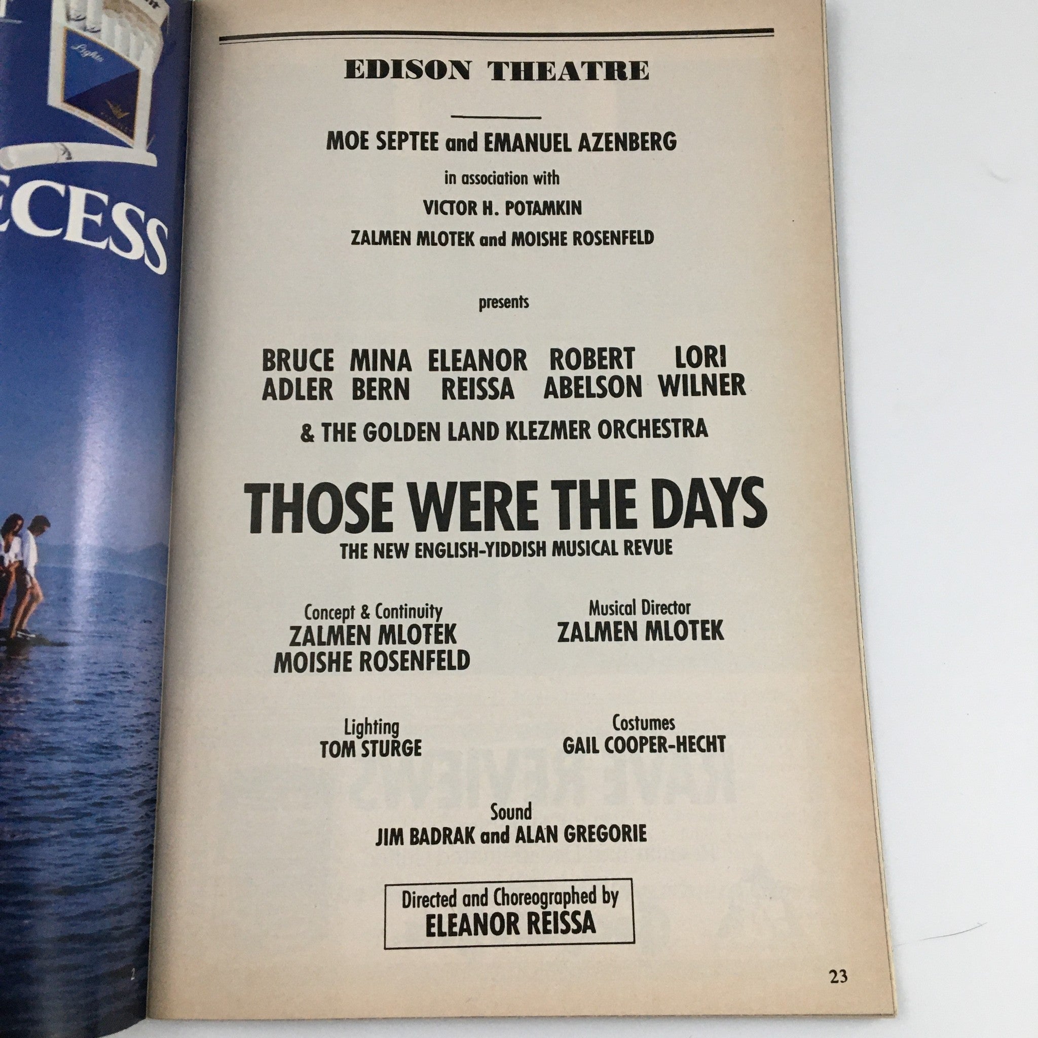 1991 Playbill Edison Theatre 'Those Were The Days' Bruce Adler, Mina Bern