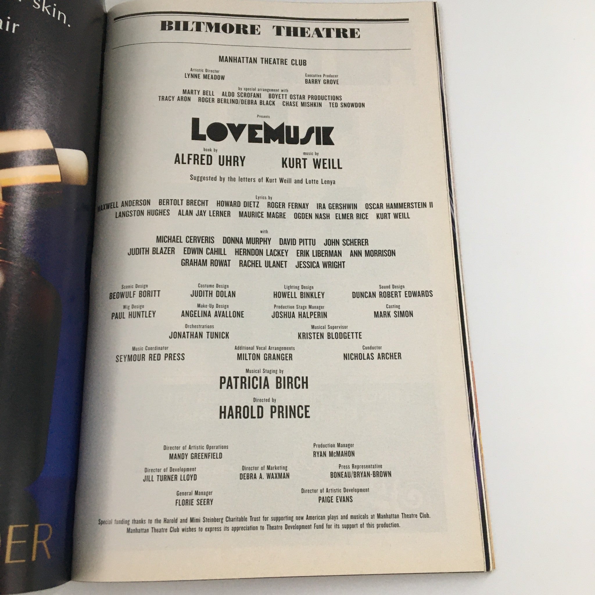 2007 Playbill Biltmore Theatre 'Lovemusik' Maxwell Anderson, Bertolt Brecht